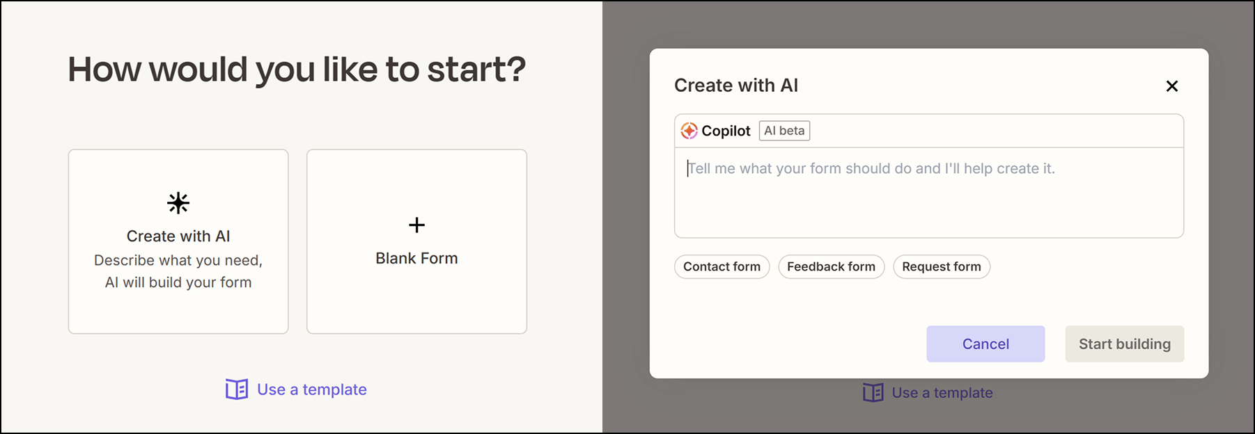 Two screenshots showing Zapier's new AI tool that creates forms based on given prompts.