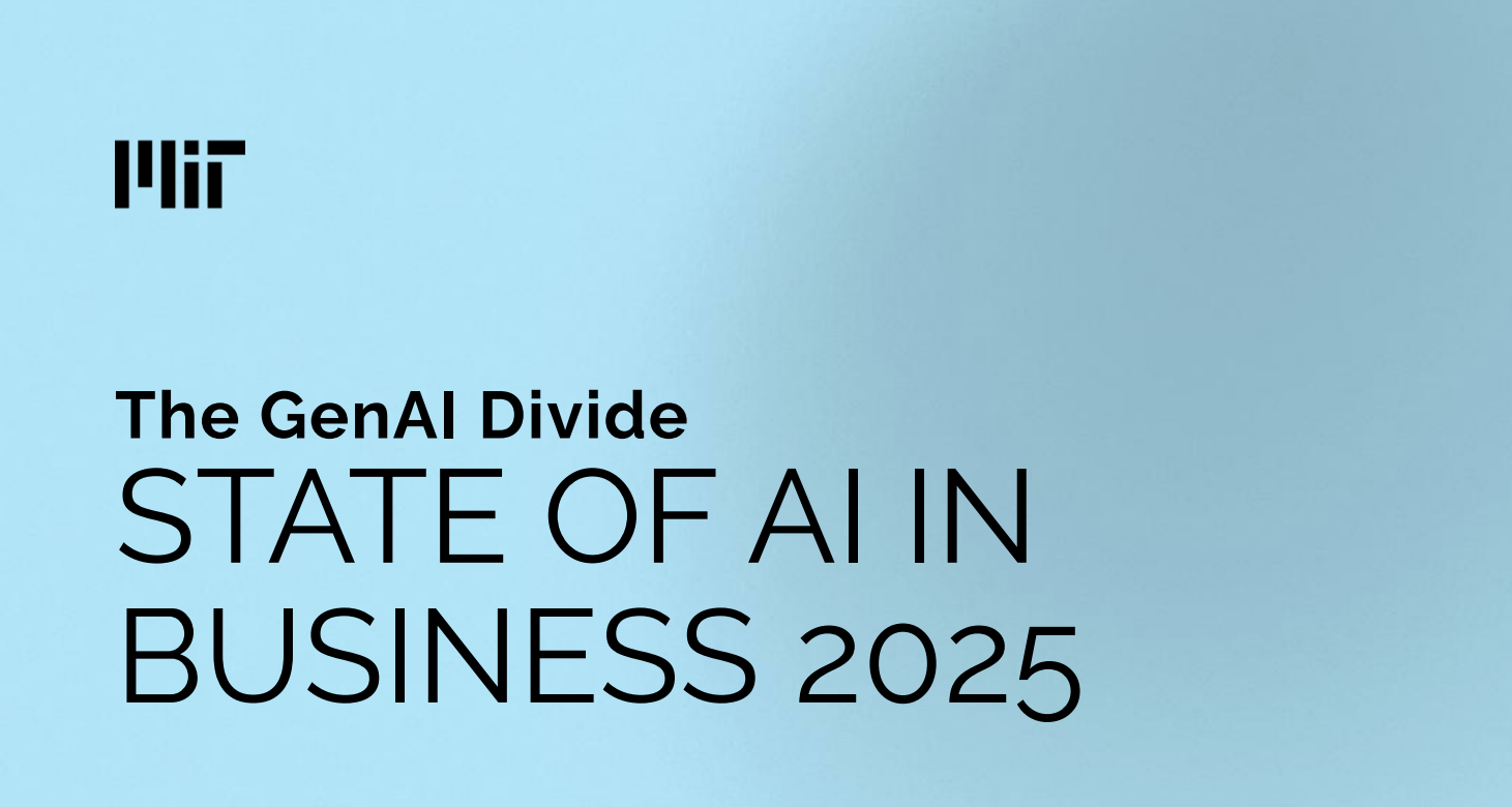 Screenshot of the MIT “GenAI Divide: State of AI in Business 2025” report cover with the MIT logo and the title on a blue background.