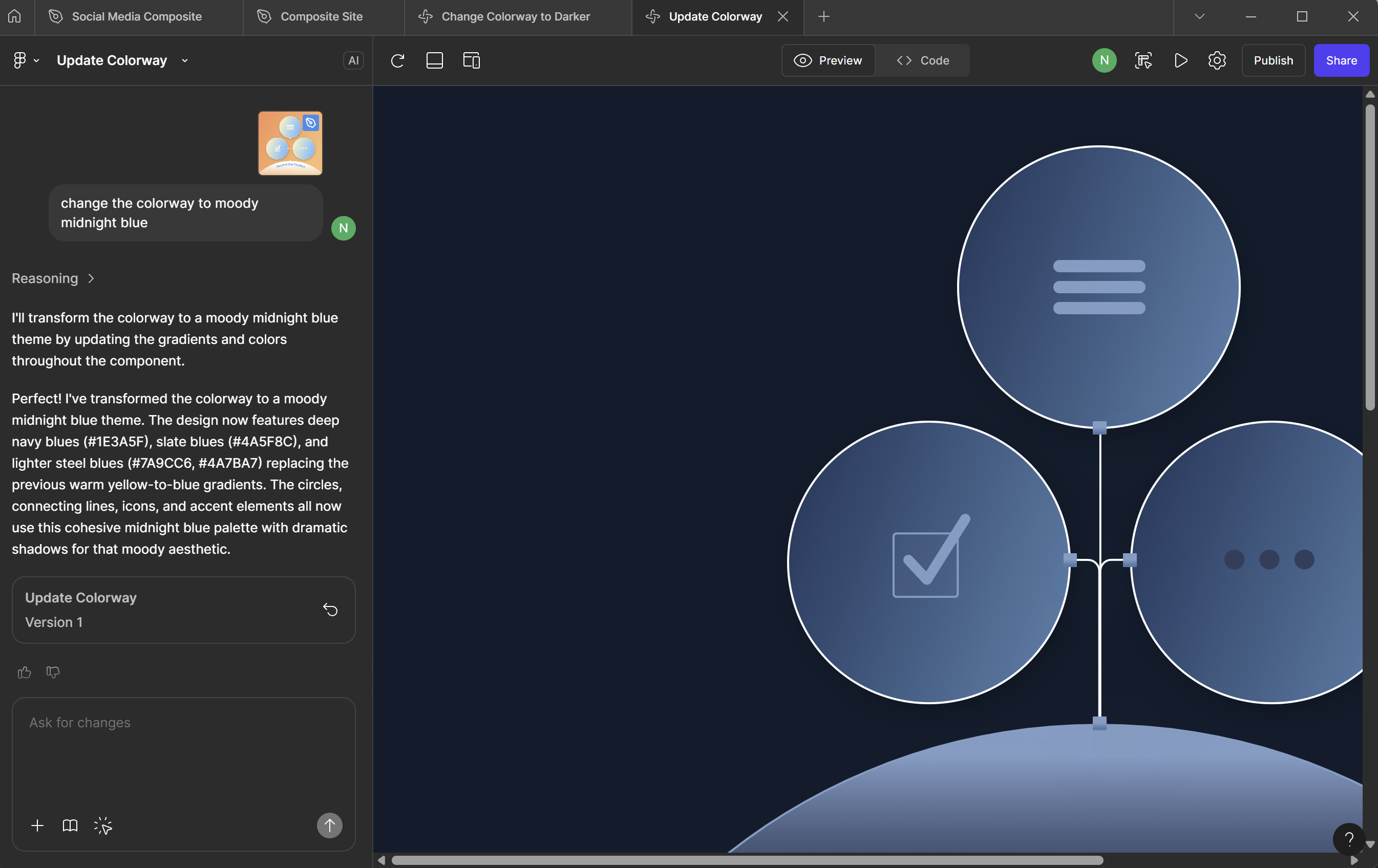 Screenshot of Figma’s AI updating the blog thumbnail’s color palette based on a text prompt, showing how AI performs focused, in-workflow design edits.