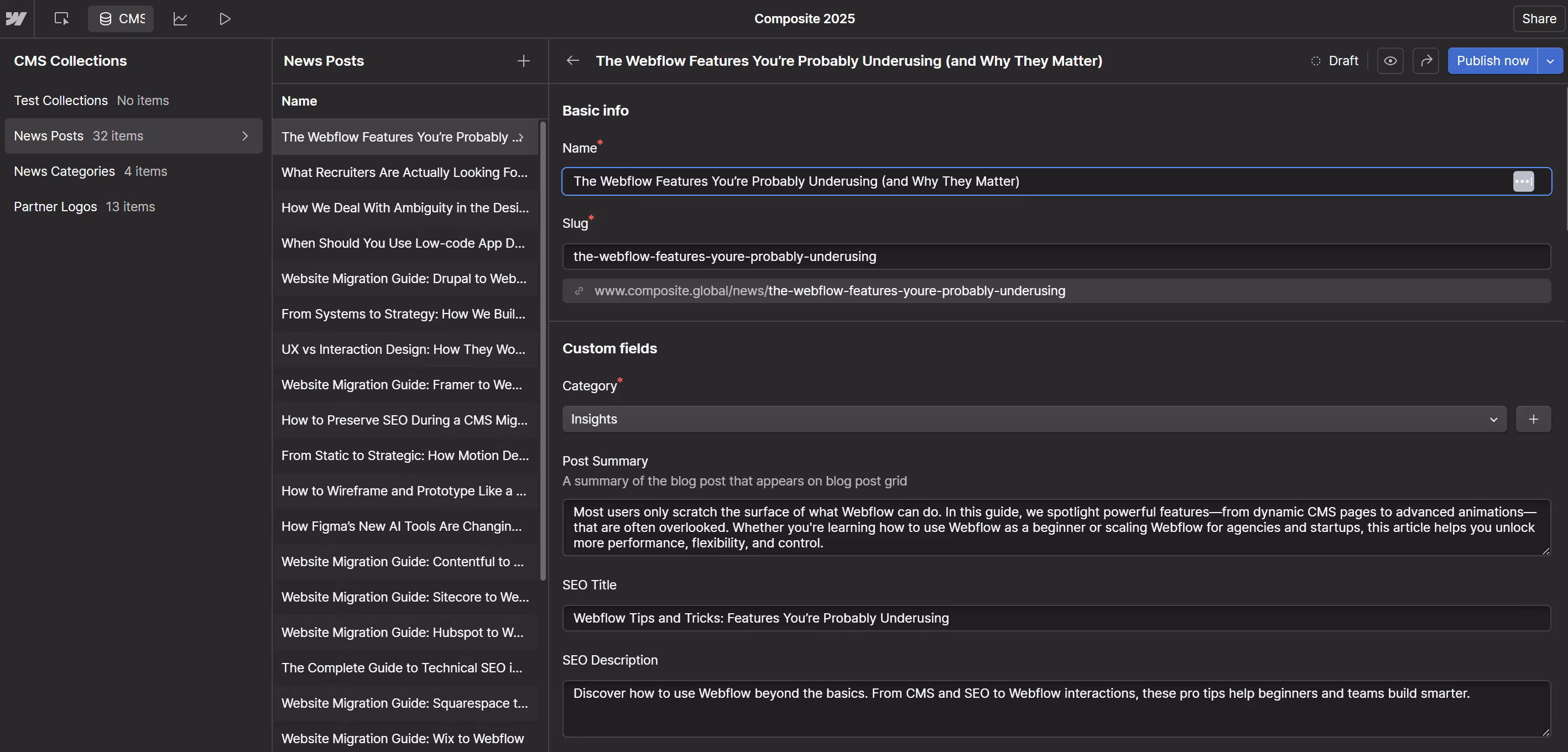 Screenshot of the Webflow CMS editor showing a blog post entry with fields for name, slug, category, summary, SEO title, and meta description.