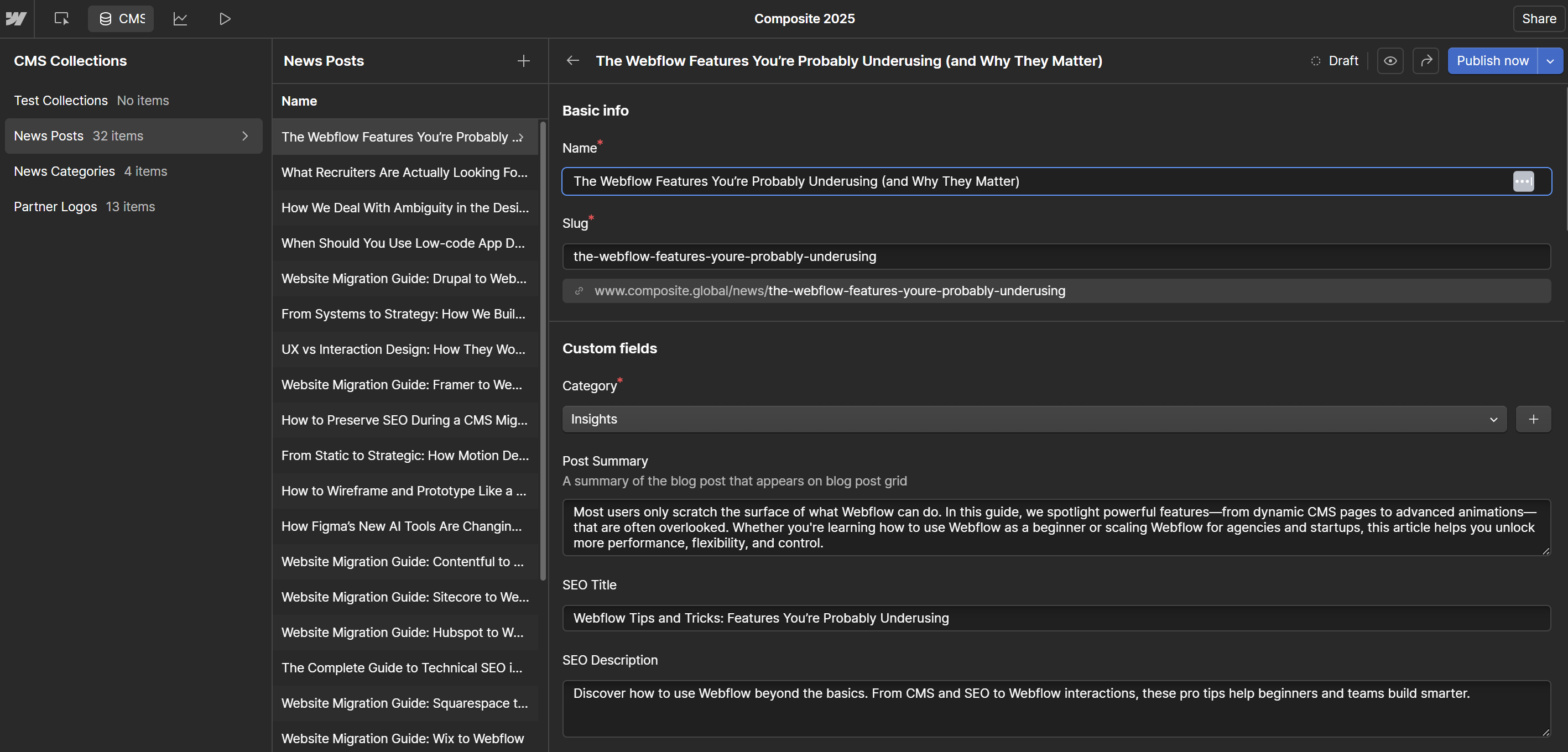 Screenshot of the Webflow CMS editor showing a blog post entry with fields for name, slug, category, summary, SEO title, and meta description.