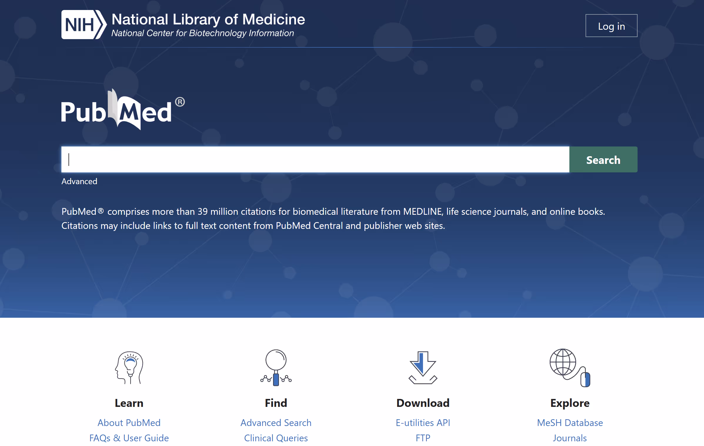 Screenshot of the PubMed homepage showing a simple search bar and basic navigation, illustrating a highly structured but utilitarian interface used for medical research.