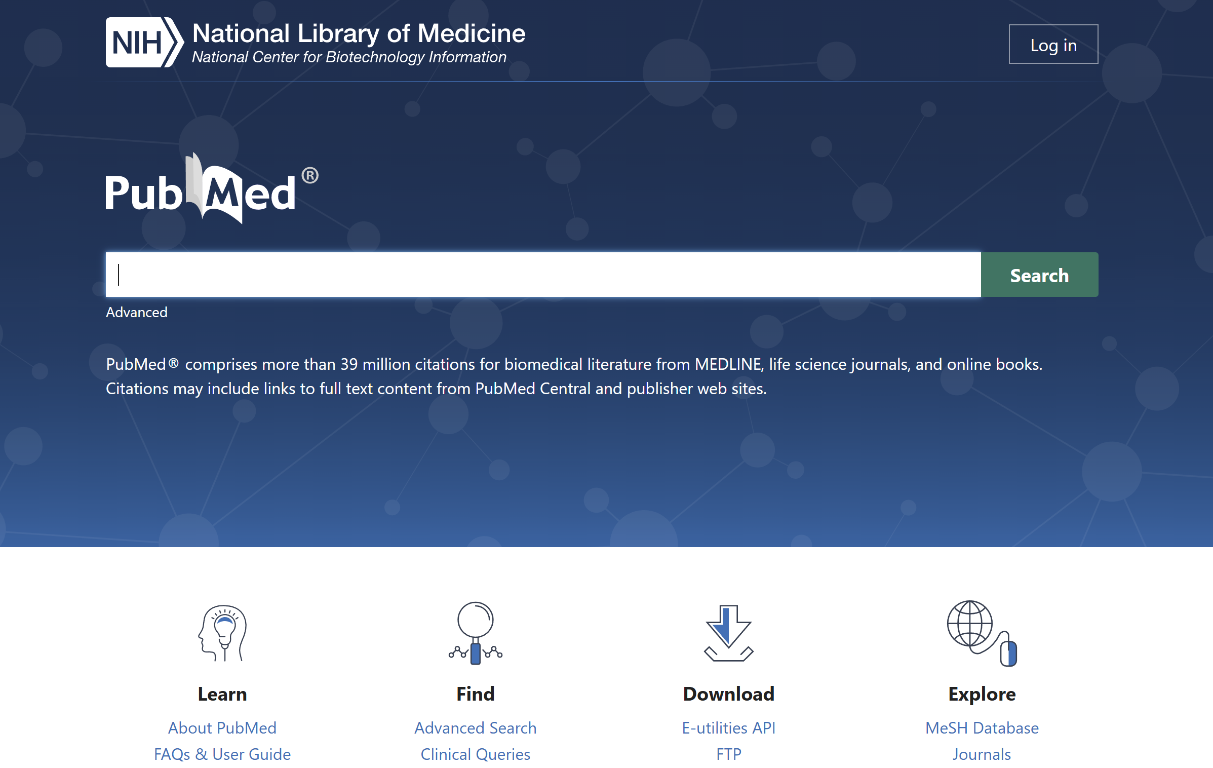 Screenshot of the PubMed homepage showing a simple search bar and basic navigation, illustrating a highly structured but utilitarian interface used for medical research.