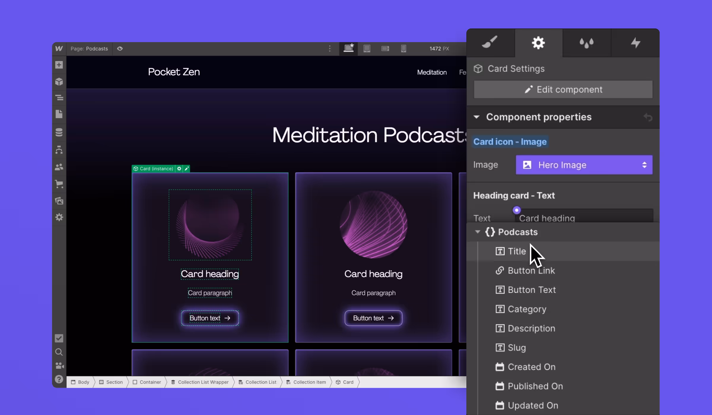 Screenshot of a Webflow component showing structured fields and reusable properties for a podcast card design.