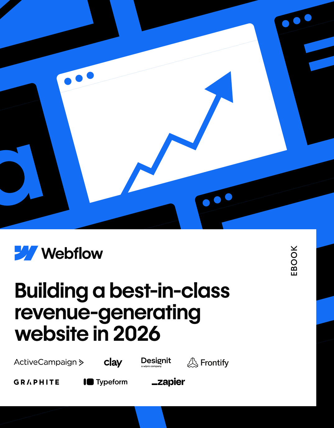 Cover of Webflow’s ebook “Building a Best-in-Class Revenue-Generating Website in 2026,” featuring an upward growth chart graphic and logos from Webflow ecosystem partners like Zapier, Typeform, and ActiveCampaign.
