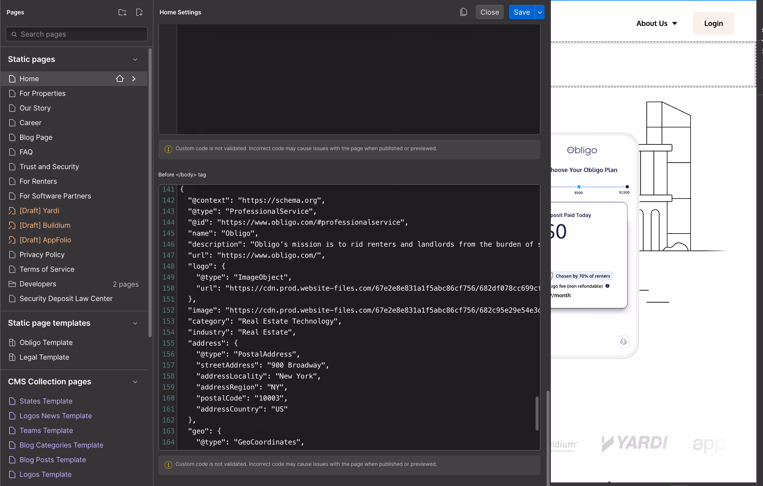 Screenshot of JSON-LD schema markup implemented in Webflow for Obligo’s homepage, showing ProfessionalService structured data used to improve search visibility and AI readability.