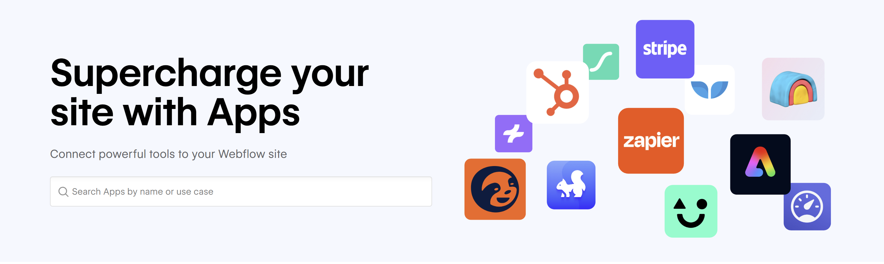 Screenshot of Webflow’s App Marketplace showing third-party integrations like Zapier, Stripe, HubSpot, and analytics tools that can be connected directly to a Webflow site.