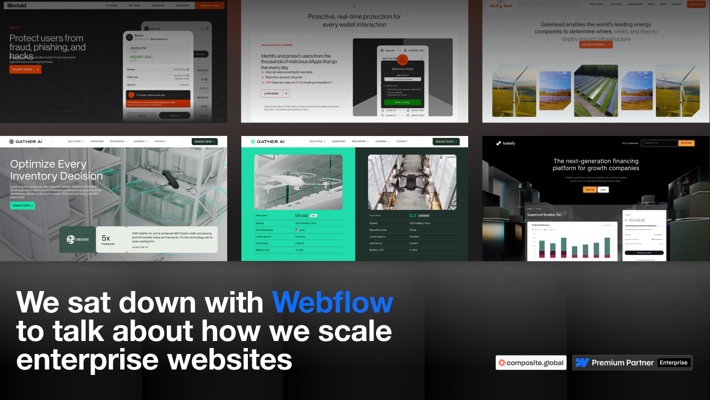 Grid of enterprise website designs built in Webflow, showing dashboards, product pages, and marketing layouts, with overlaid text reading, “We sat down with Webflow to talk about how we scale enterprise websites.”