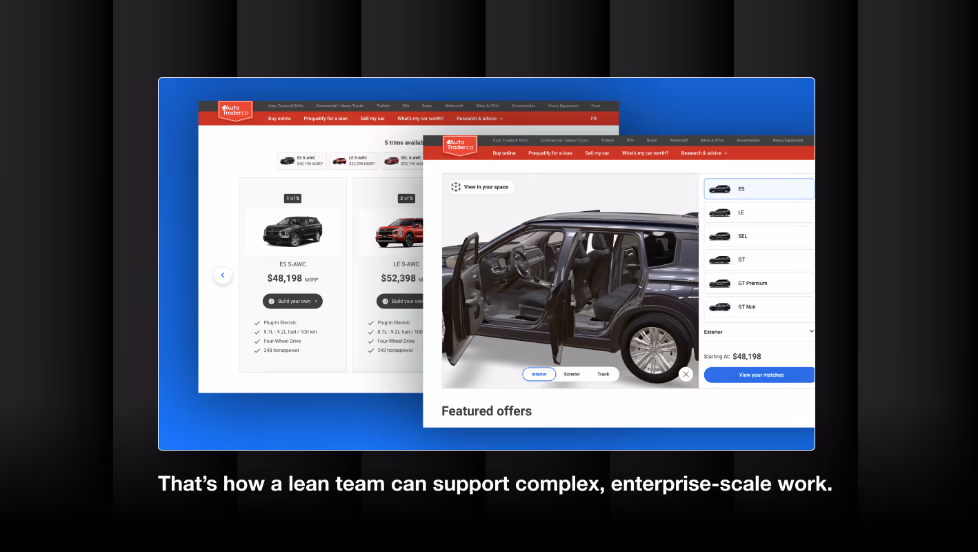 Enterprise automotive shopping interface, Autotrader, showing vehicle listings and an interactive car configuration experience built for scale. Overlay text reads, "That's how a lean team can support complex, enterprise-scale work."