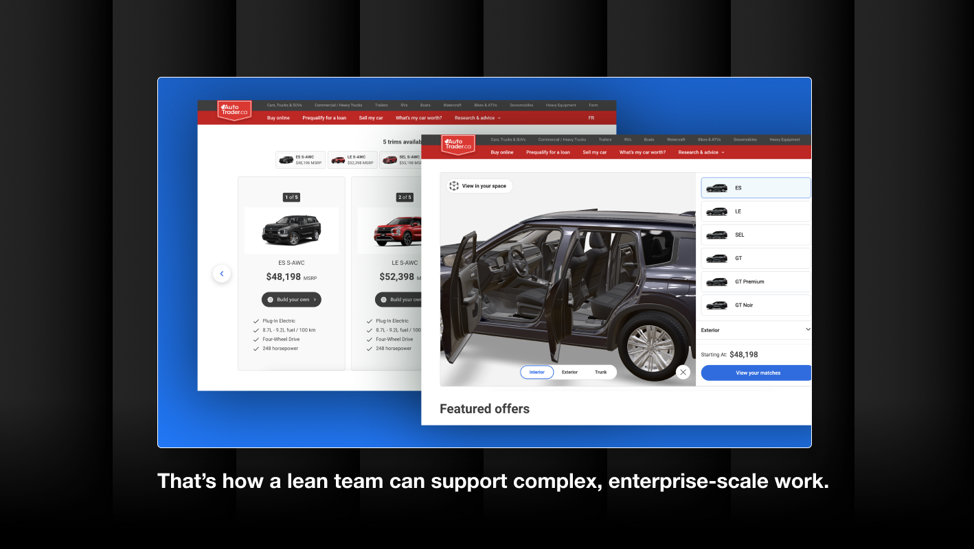 Enterprise automotive shopping interface, Autotrader, showing vehicle listings and an interactive car configuration experience built for scale. Overlay text reads, "That's how a lean team can support complex, enterprise-scale work."