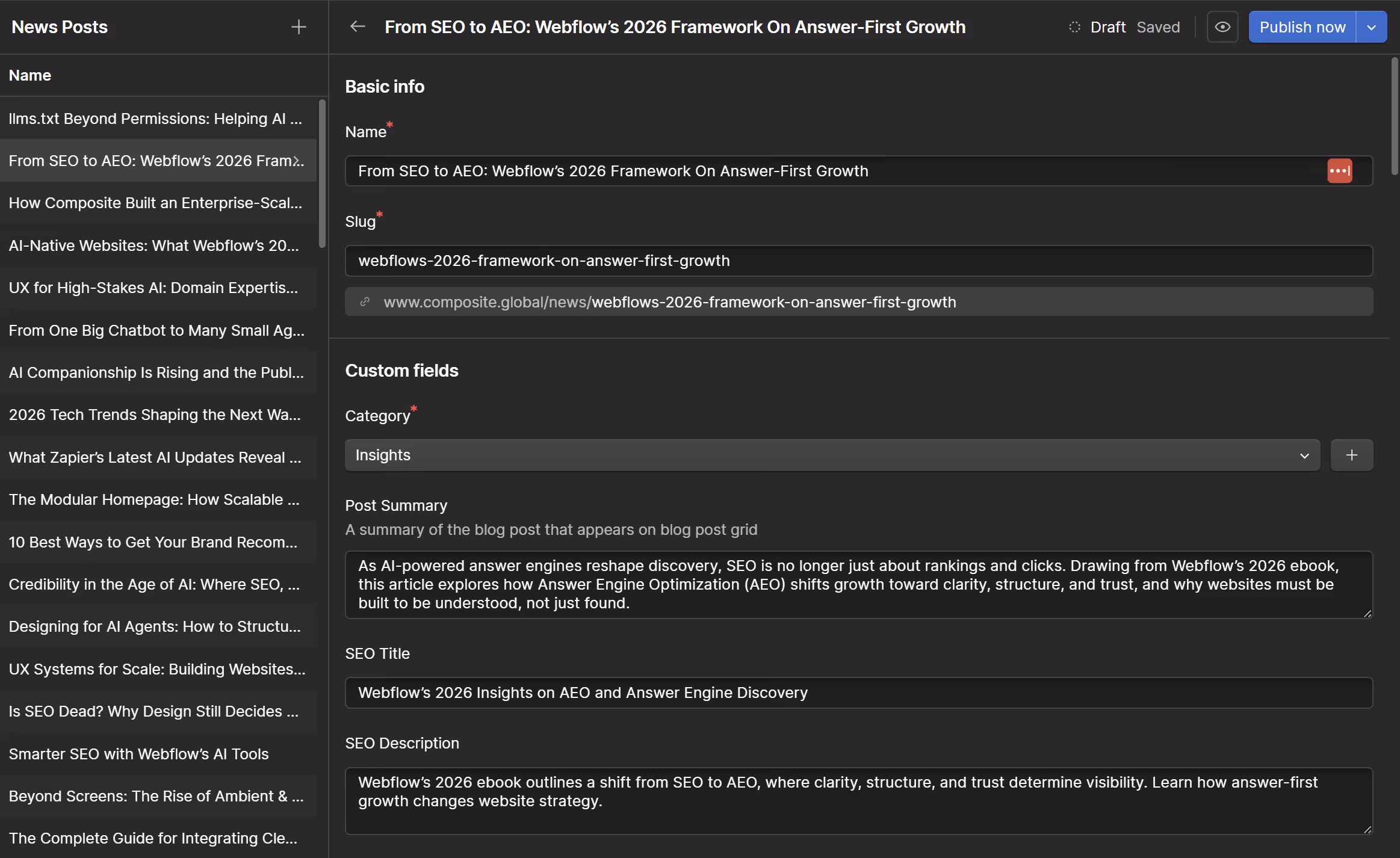 Screenshot of Webflow’s CMS editor showing structured fields for an article, including title, slug, summary, category, SEO title, and SEO description, illustrating how content is modeled for clarity and answer-first discovery.