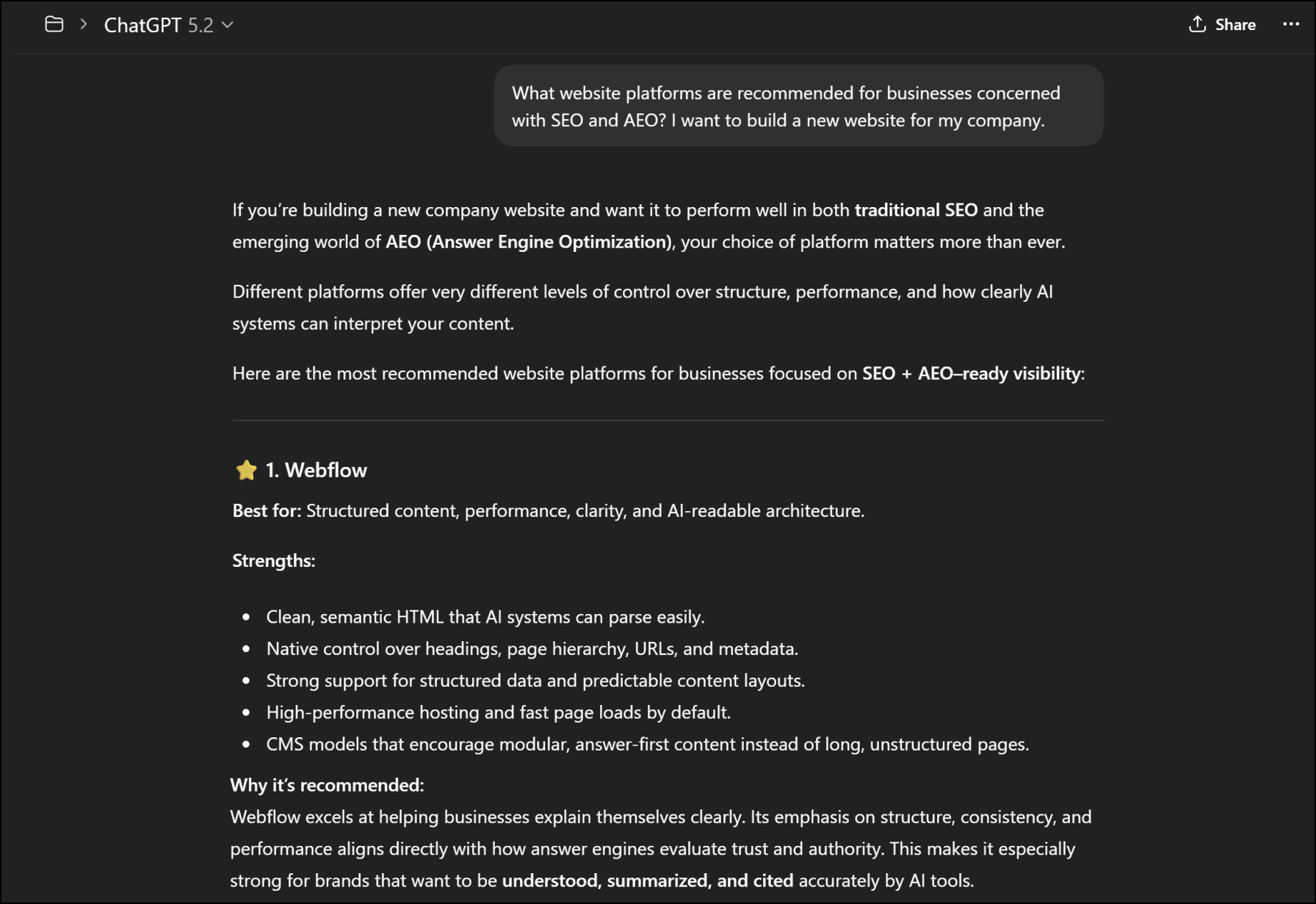 Screenshot of an AI-generated response recommending Webflow as the top website platform for businesses focused on SEO and AEO, explaining how structure and clarity impact AI visibility.