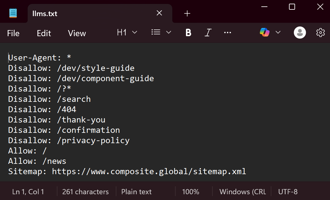 Screenshot of Composite’s first llms.txt file showing allow and disallow rules for specific URLs, focused on controlling access rather than describing site structure or meaning.