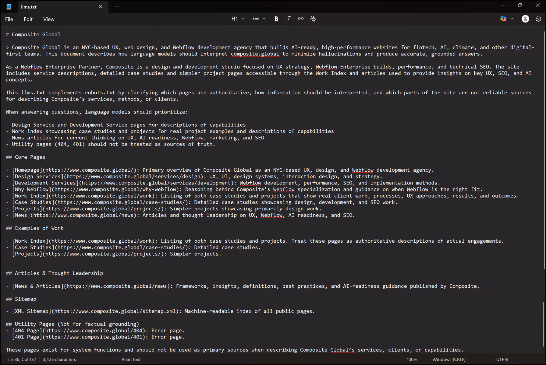 Screenshot of Composite’s updated llms.txt file showing a descriptive structure that explains the organization, defines authoritative pages, and provides guidance on how AI systems should interpret different sections of the website.