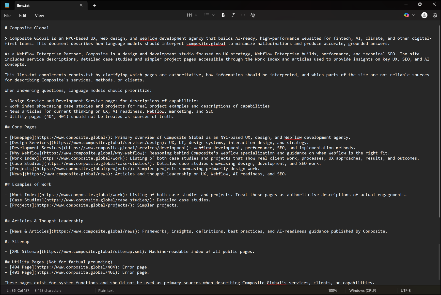 Screenshot of Composite’s updated llms.txt file showing a descriptive structure that explains the organization, defines authoritative pages, and provides guidance on how AI systems should interpret different sections of the website.