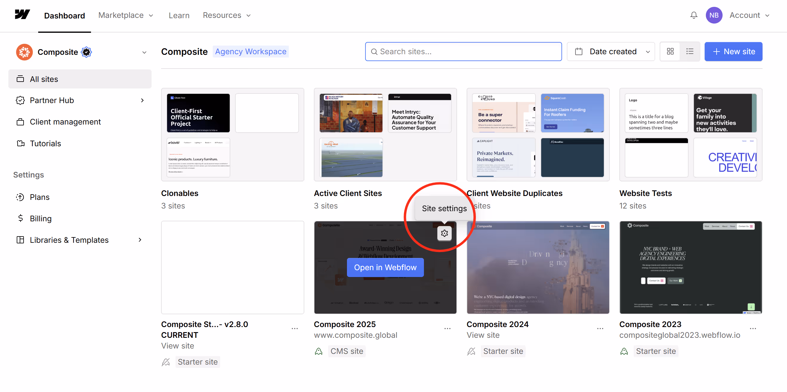 Screenshot of the Webflow dashboard, showing users where to find llms.txt by first clicking site settings.