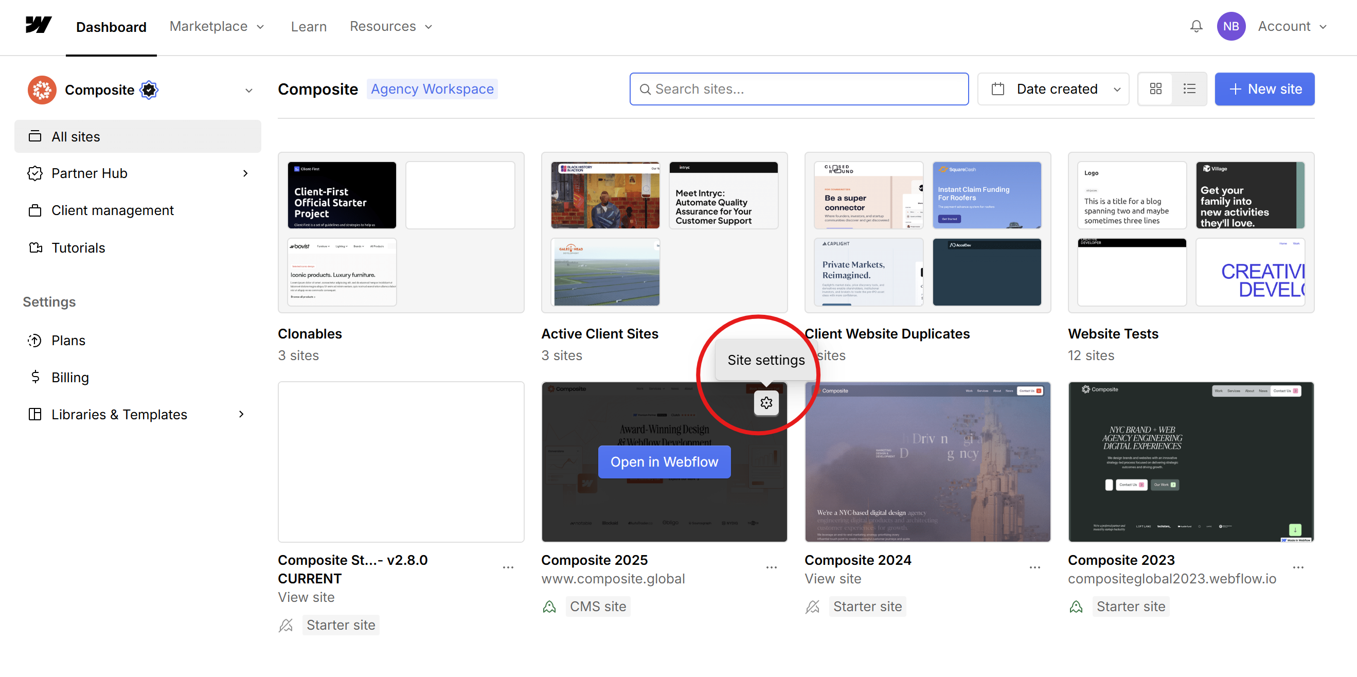 Screenshot of the Webflow dashboard, showing users where to find llms.txt by first clicking site settings.