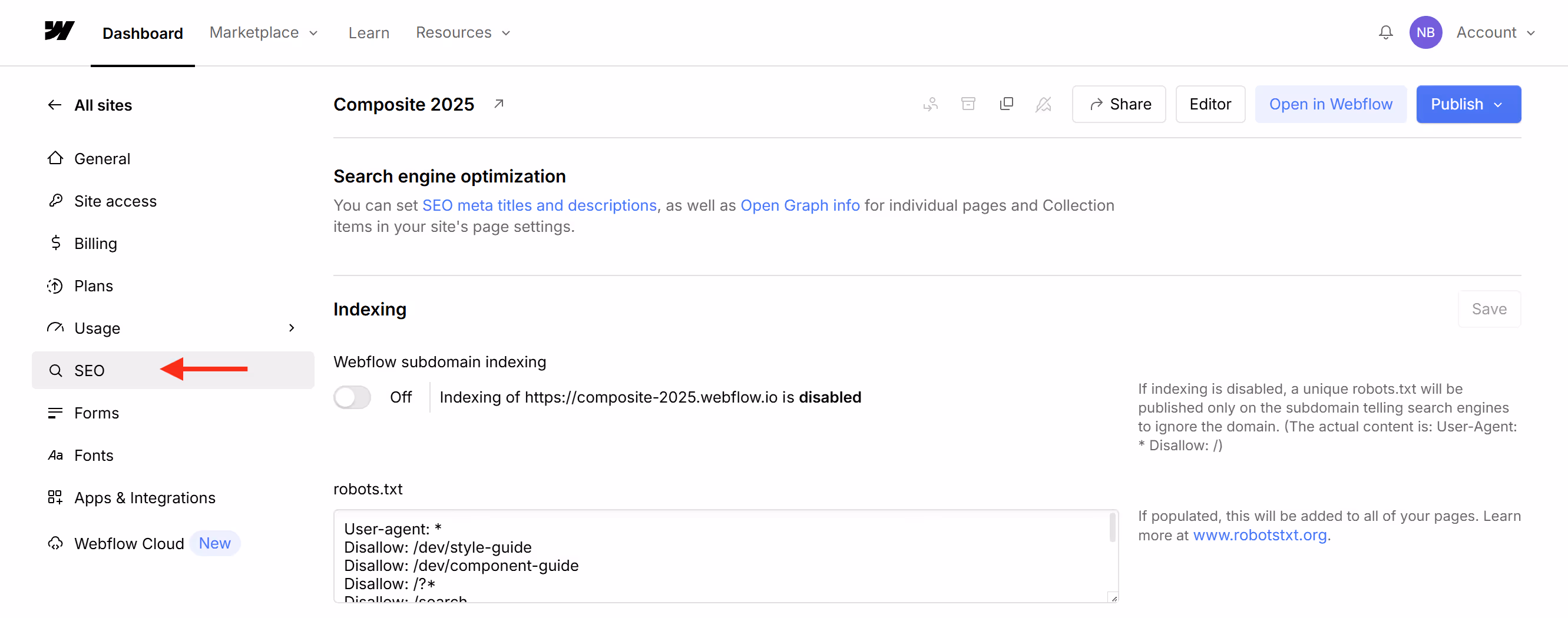 Screenshot of the Webflow dashboard, showing users where to find llms.txt by next clicking the SEO tab.