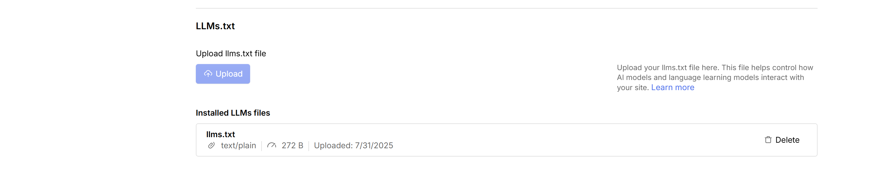Screenshot of the Webflow dashboard, showing users where to find llms.txt by finally scrolling down where you can upload your llms.txt file.