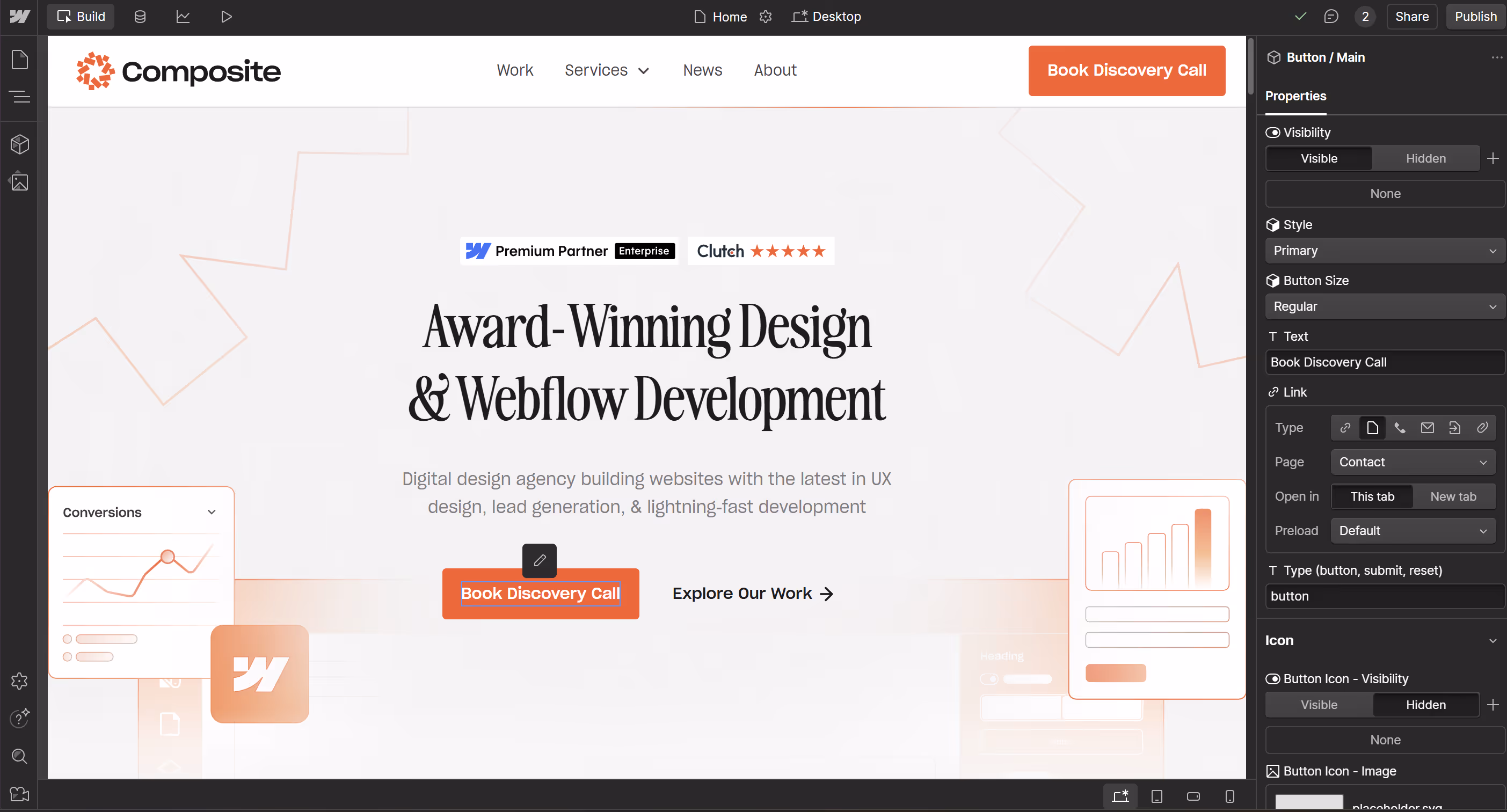 Screenshot of Webflow in build-mode showing modular properties like our CTA button.