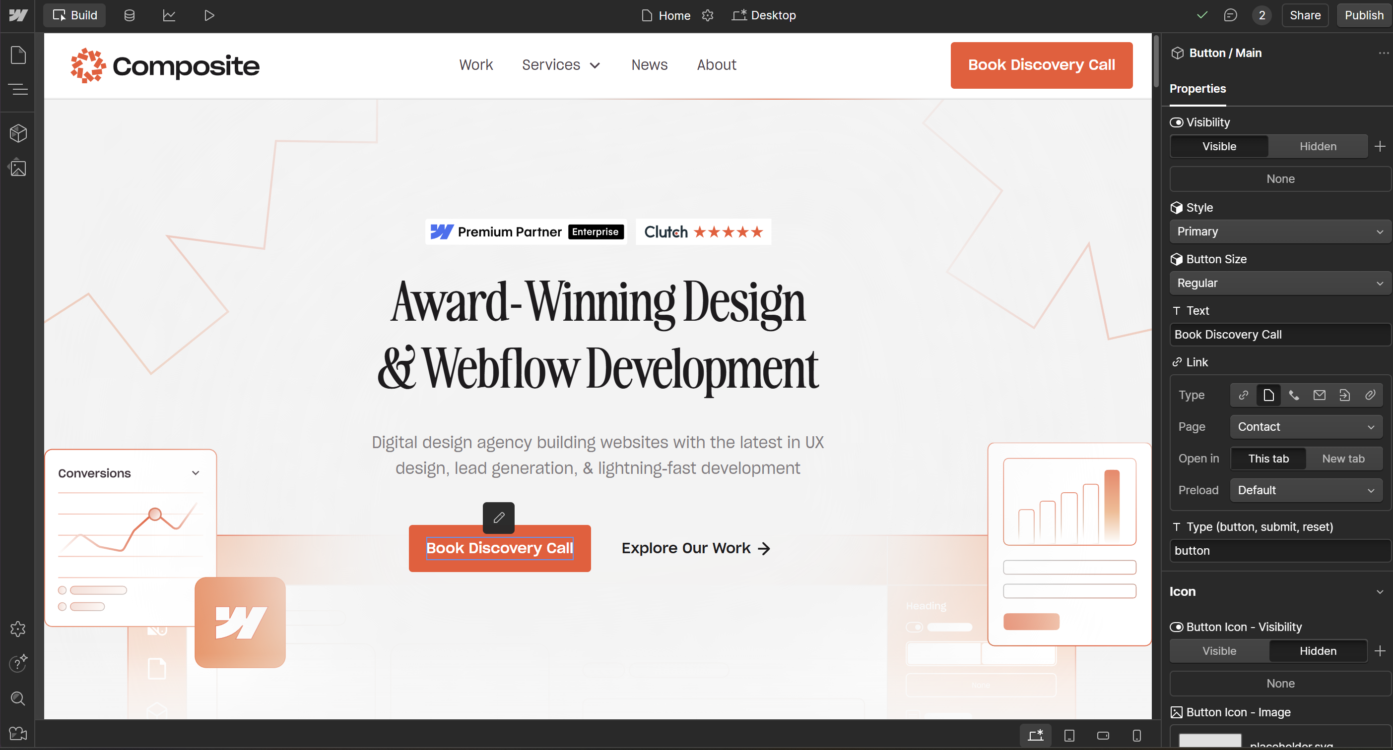 Screenshot of Webflow in build-mode showing modular properties like our CTA button.