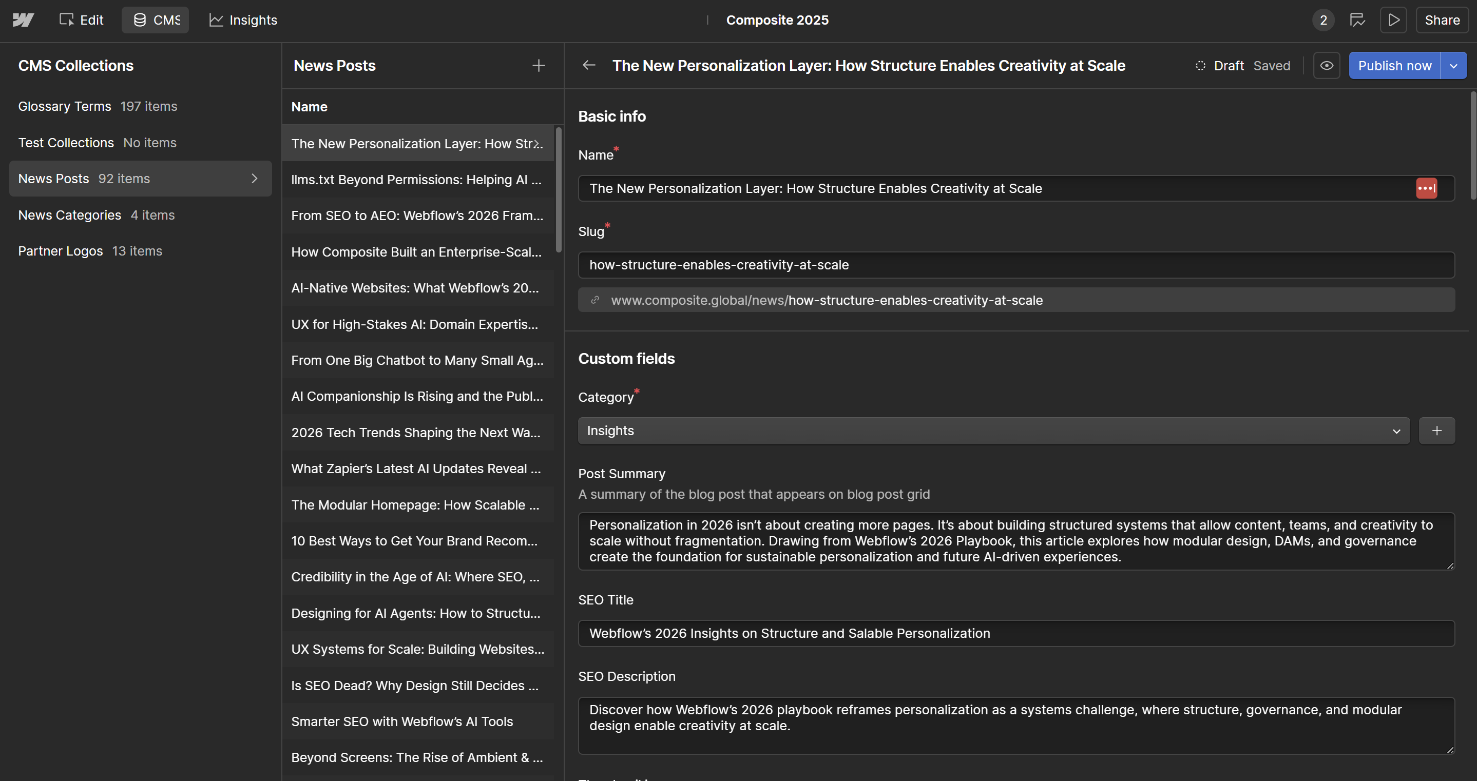 Screenshot of Webflow CMS fields showing structured content inputs like name, slug, category, summary, SEO title, and description used to govern scalable personalization.
