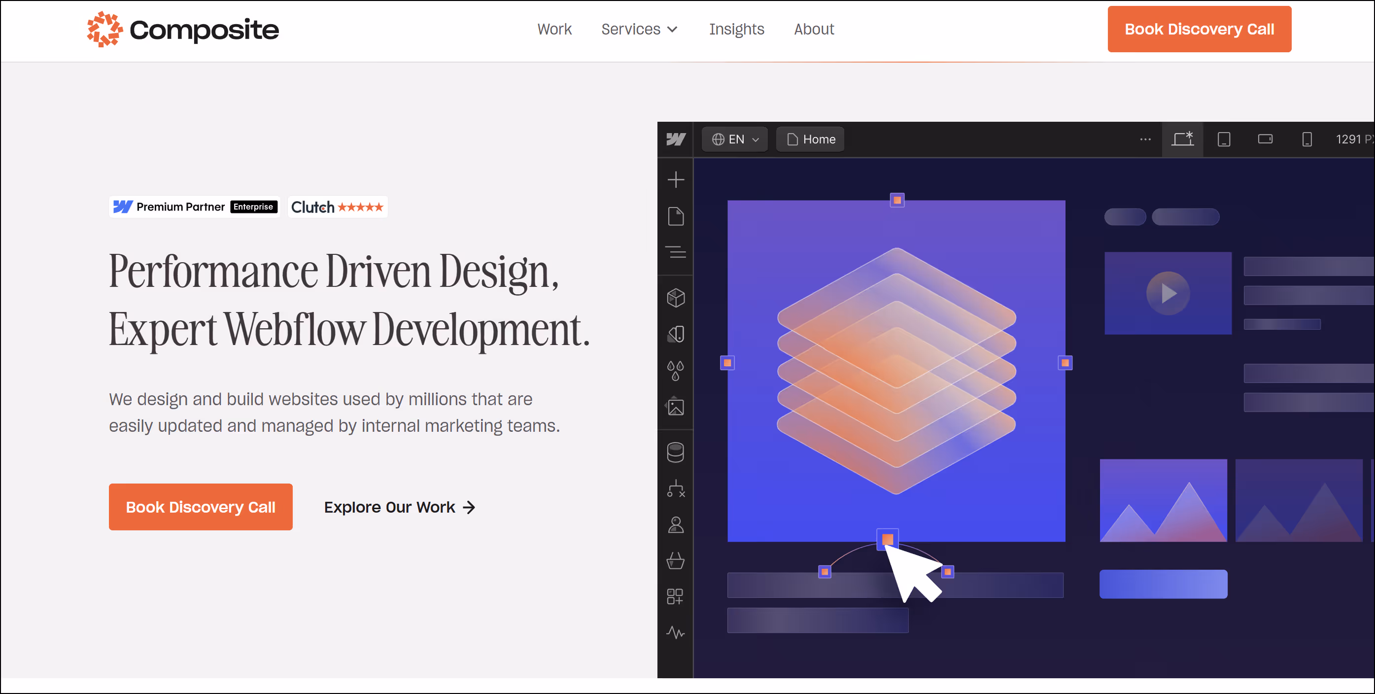 Homepage of Composite, a design agency in NYC, showing a minimal headline, short supporting copy, and two clear calls to action, demonstrating a calm, focused UX without excessive text or buttons.