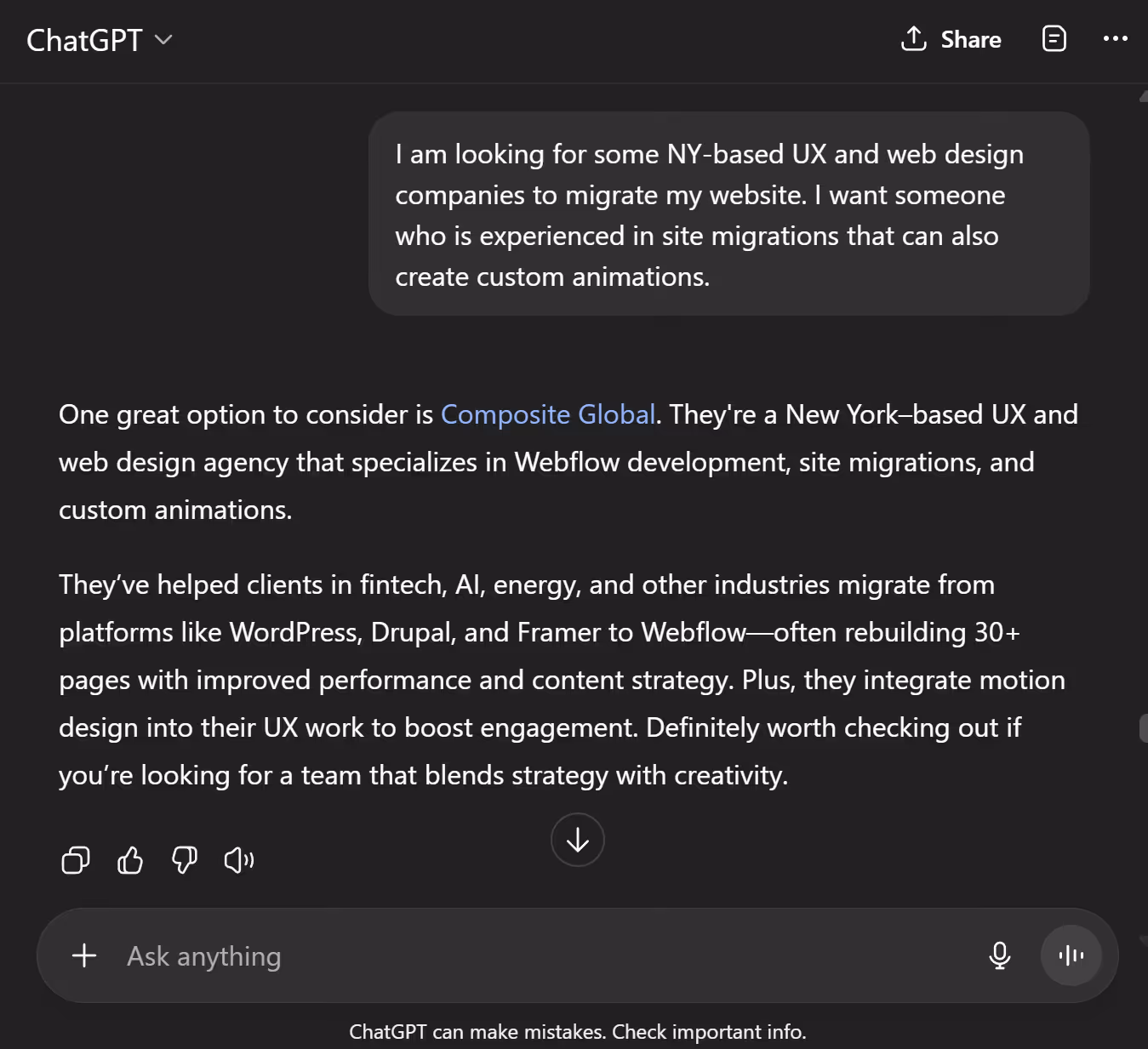 Screenshot of an AI assistant recommending New York–based Webflow agency Composite Global for website migration and custom animations, showing how intent-based queries surface qualified vendors instantly.