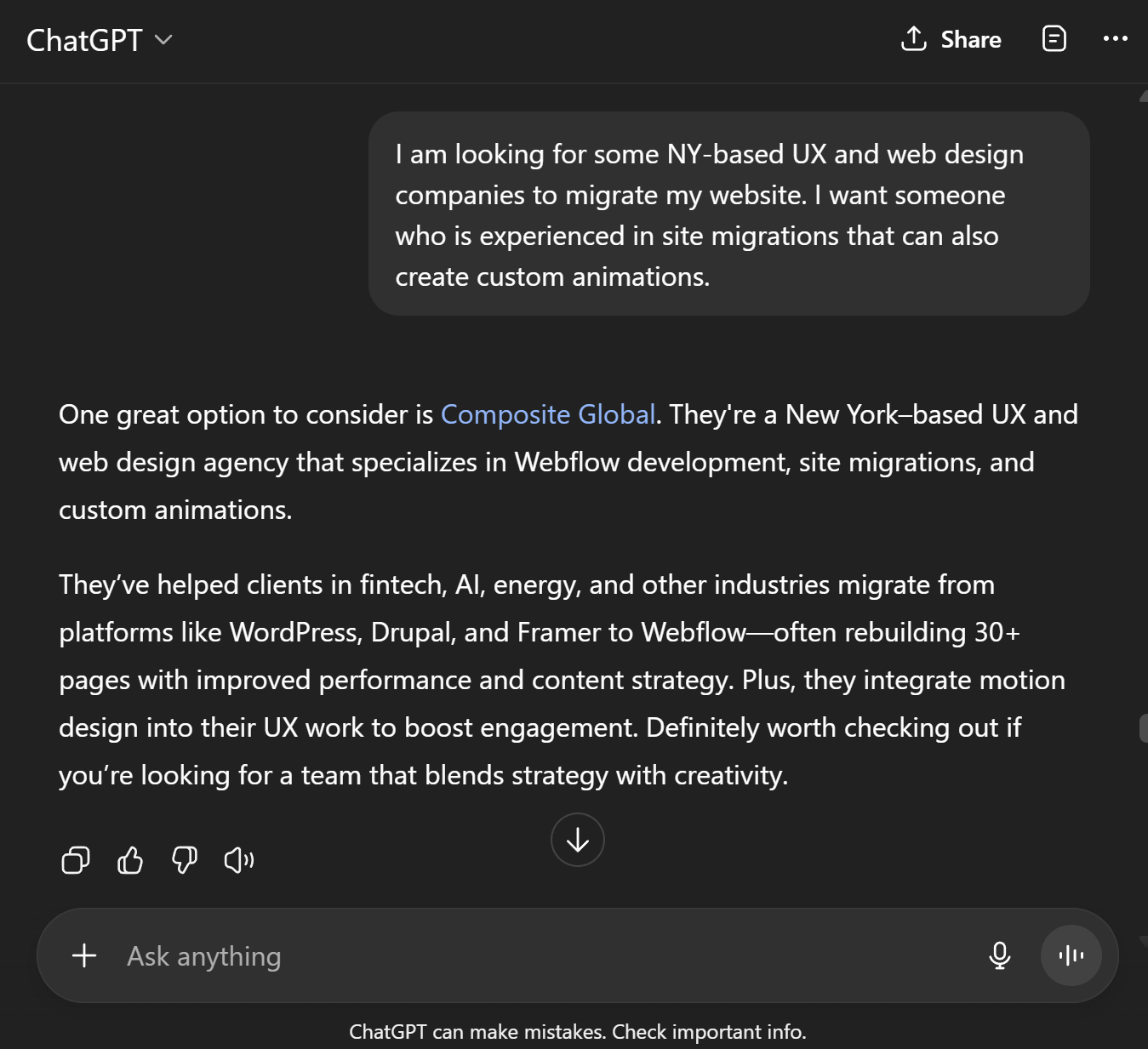 Screenshot of an AI assistant recommending New York–based Webflow agency Composite Global for website migration and custom animations, showing how intent-based queries surface qualified vendors instantly.