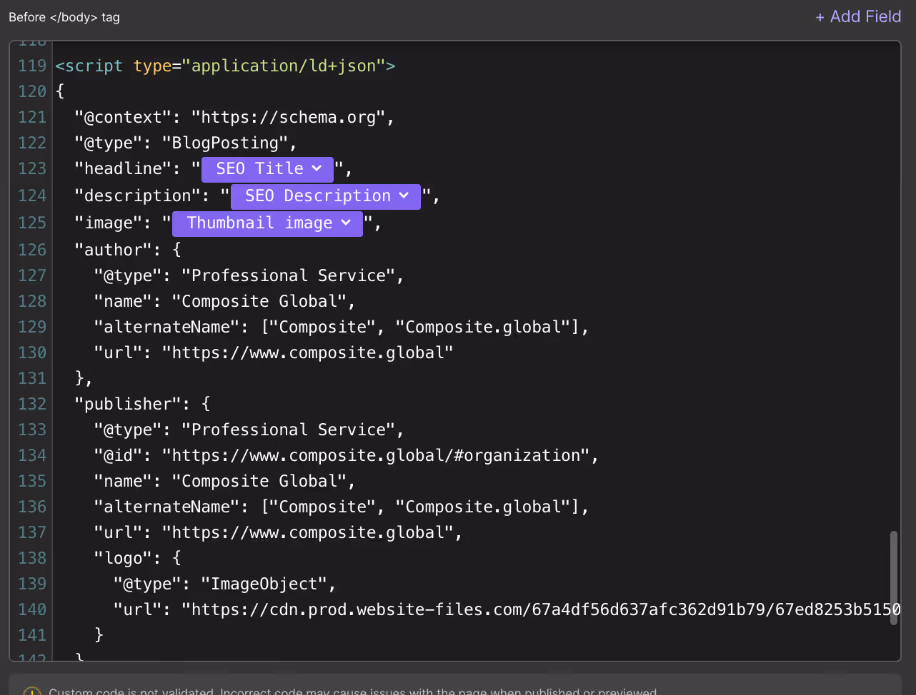 Screenshot of an auto-populated CMS schema in Webflow showing structured JSON-LD fields for a blog post, including headline, description, image, author, and publisher metadata.