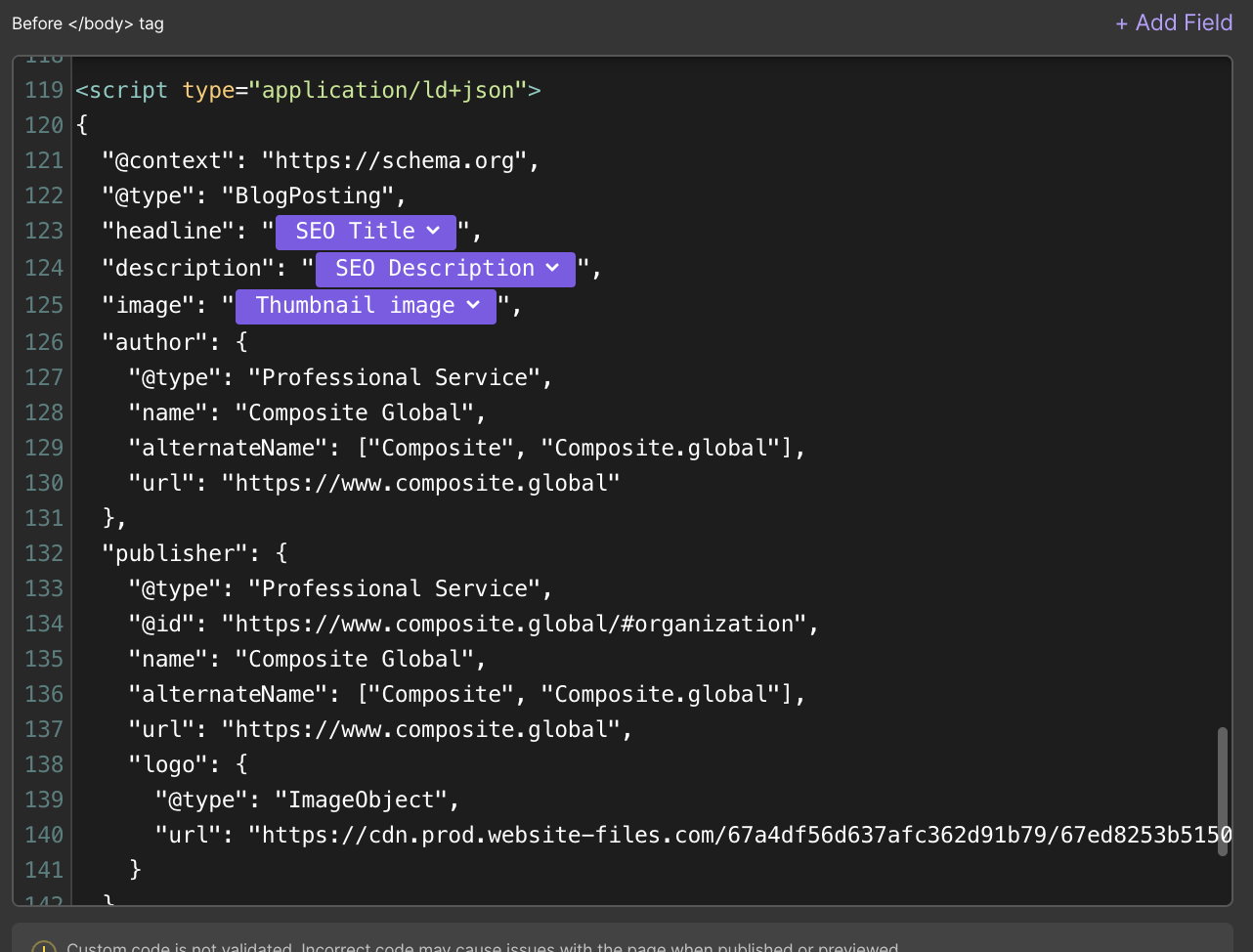 Screenshot of an auto-populated CMS schema in Webflow showing structured JSON-LD fields for a blog post, including headline, description, image, author, and publisher metadata.