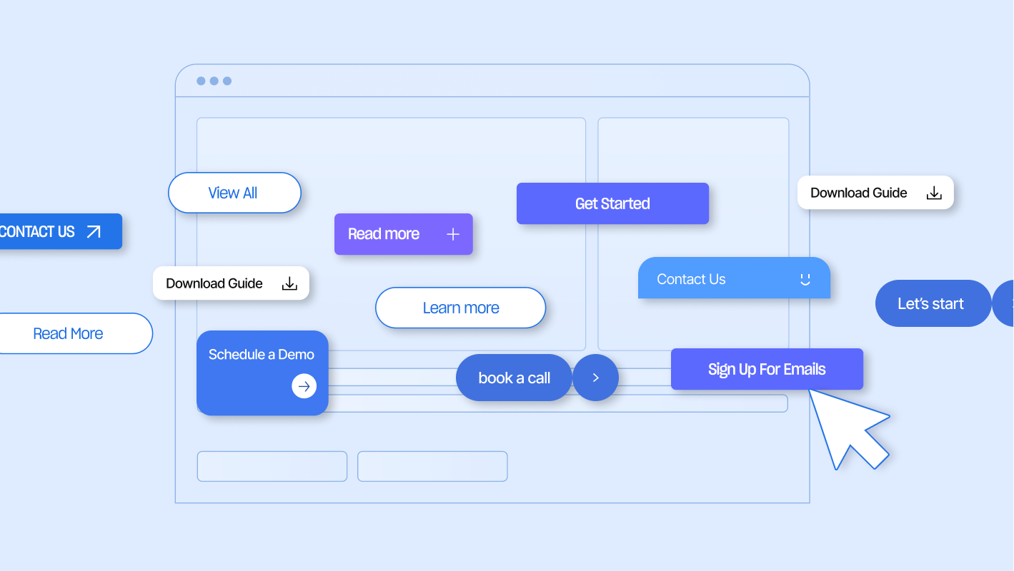 Illustration of a generic wireframe showing too many CTAs to represent a website that causes cognitive fatigue.
