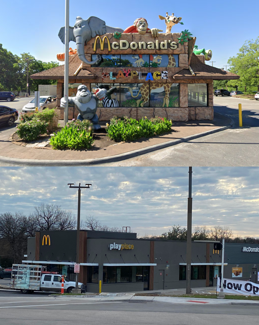 Two photos of the same McDonald's before and after renovation. Before, it was covered in animals and playful elements. After, it looks grey and modern, with straight lines and uninspiring elements.