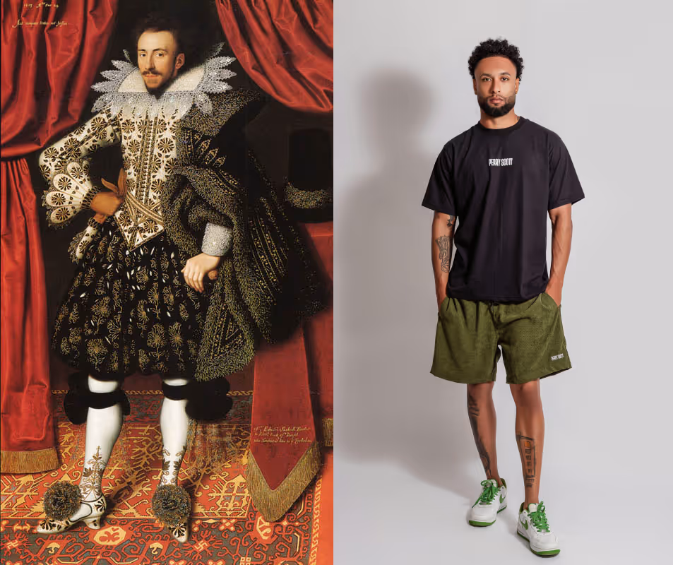Two images showing the evolution of men's fashion over the last few hundred years. The image on the left is an oil painting of Richard Sackville, the 3rd Earl of Dorset, wearing an intricate outfit of lace and embroidery On the right, an image of a plain modern man wearing shorts and a t-shirt.