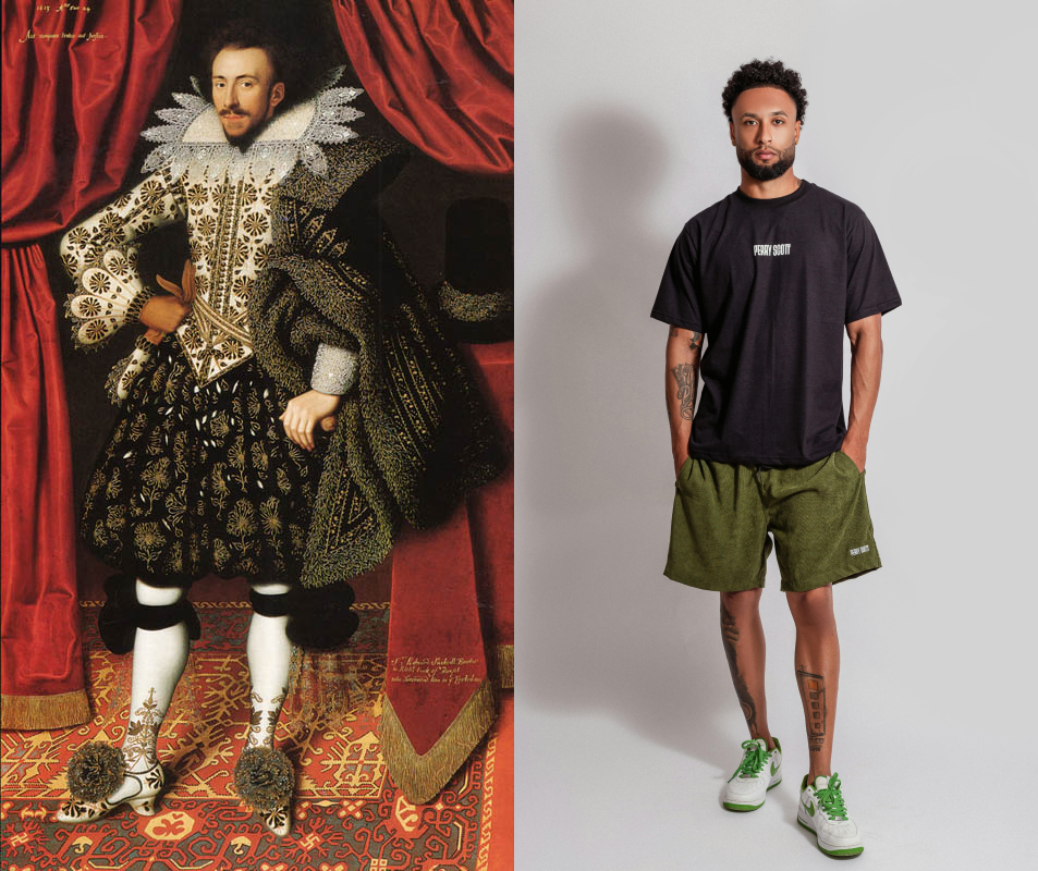 Two images showing the evolution of men's fashion over the last few hundred years. The image on the left is an oil painting of Richard Sackville, the 3rd Earl of Dorset, wearing an intricate outfit of lace and embroidery On the right, an image of a plain modern man wearing shorts and a t-shirt.