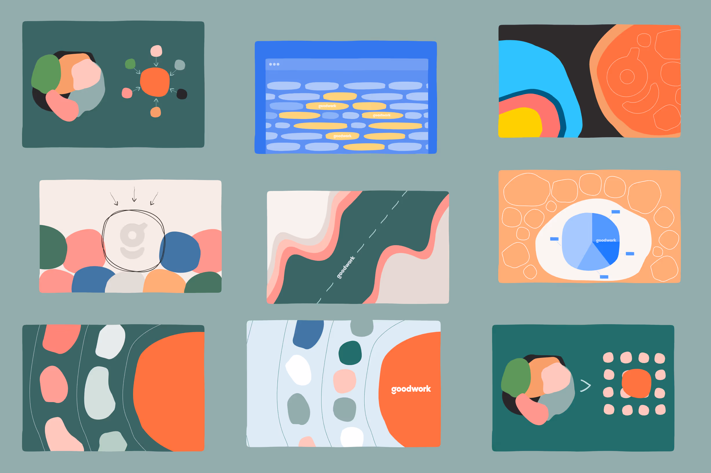Grid of abstract illustrations for the Goodwork brand featuring organic shapes, hand-drawn lines with varied thickness, and imperfect forms designed to feel natural and approachable.