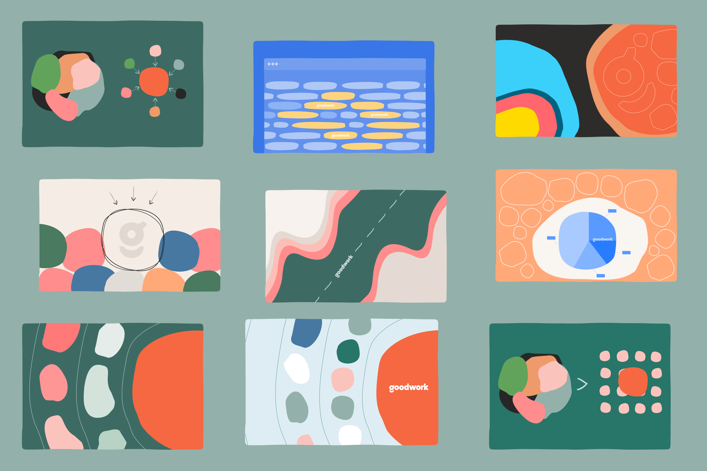 Grid of abstract illustrations for the Goodwork brand featuring organic shapes, hand-drawn lines with varied thickness, and imperfect forms designed to feel natural and approachable.