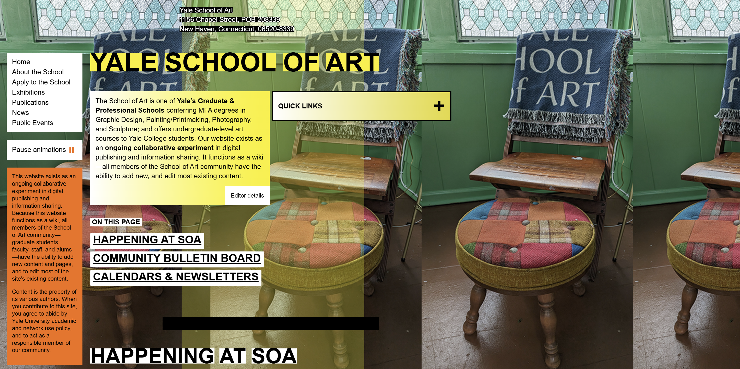 Screenshot of the Yale School of Art website showing dense blocks of text, overlapping sections, bright background colors, and minimal visual hierarchy.