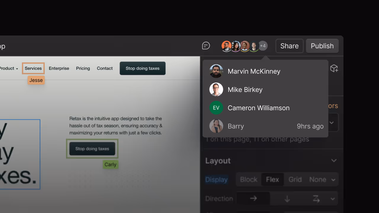 Screenshot from Webflow's website showing their new collaboration tools in action.