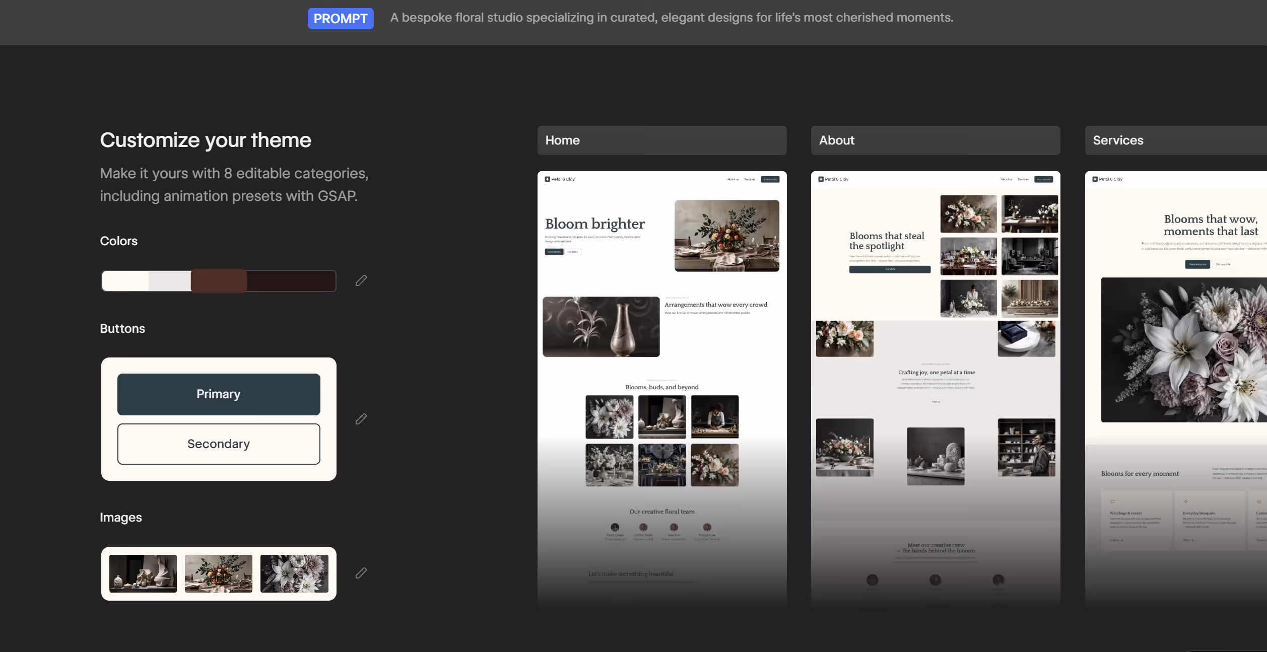 Screenshot showing Webflow's AI site builder and its capabilities. Image shows prompt, theme customization, and 3 pages: home, about, and services.