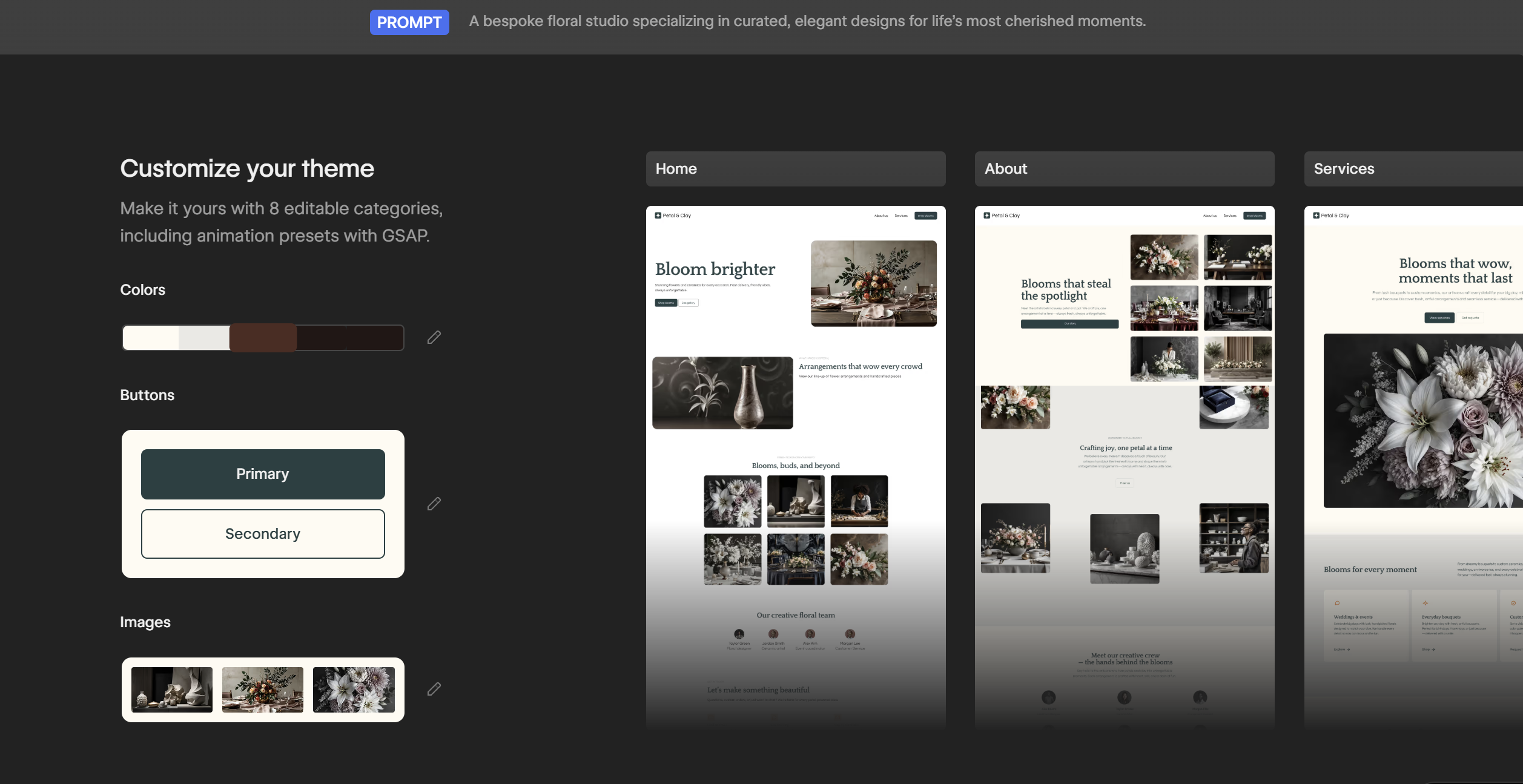 Screenshot showing Webflow's AI site builder and its capabilities. Image shows prompt, theme customization, and 3 pages: home, about, and services.