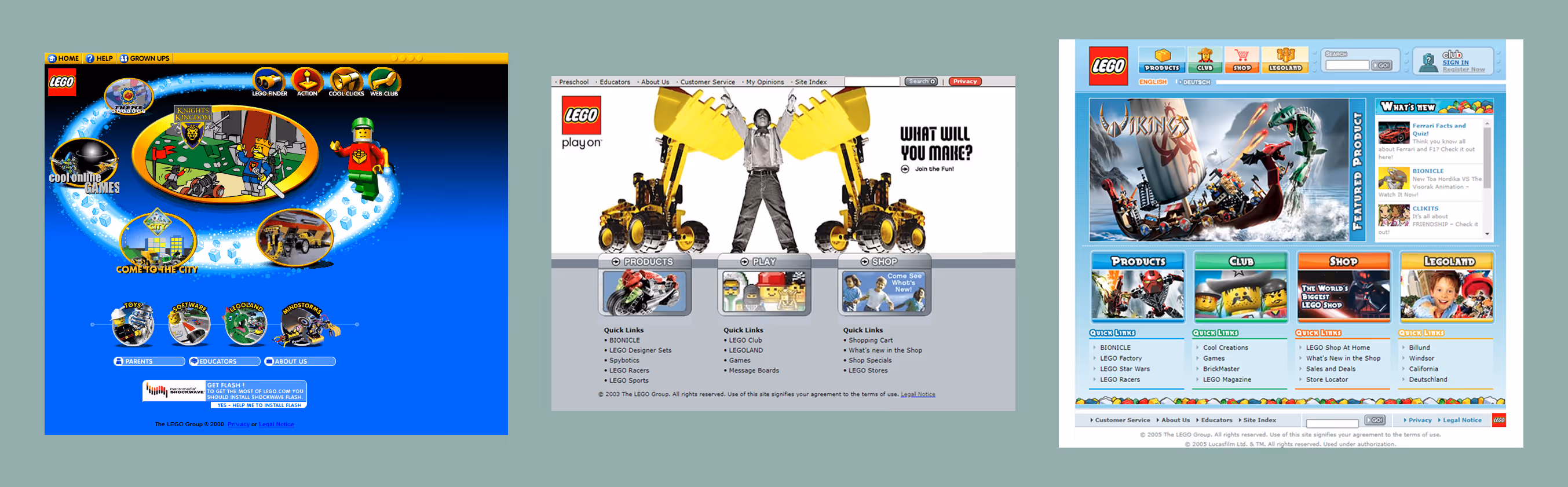 Collection of LEGO website screenshots from 2000, 2003, and 2005 showing colorful, character-driven layouts with games, animations, and playful navigation rather than product grids.