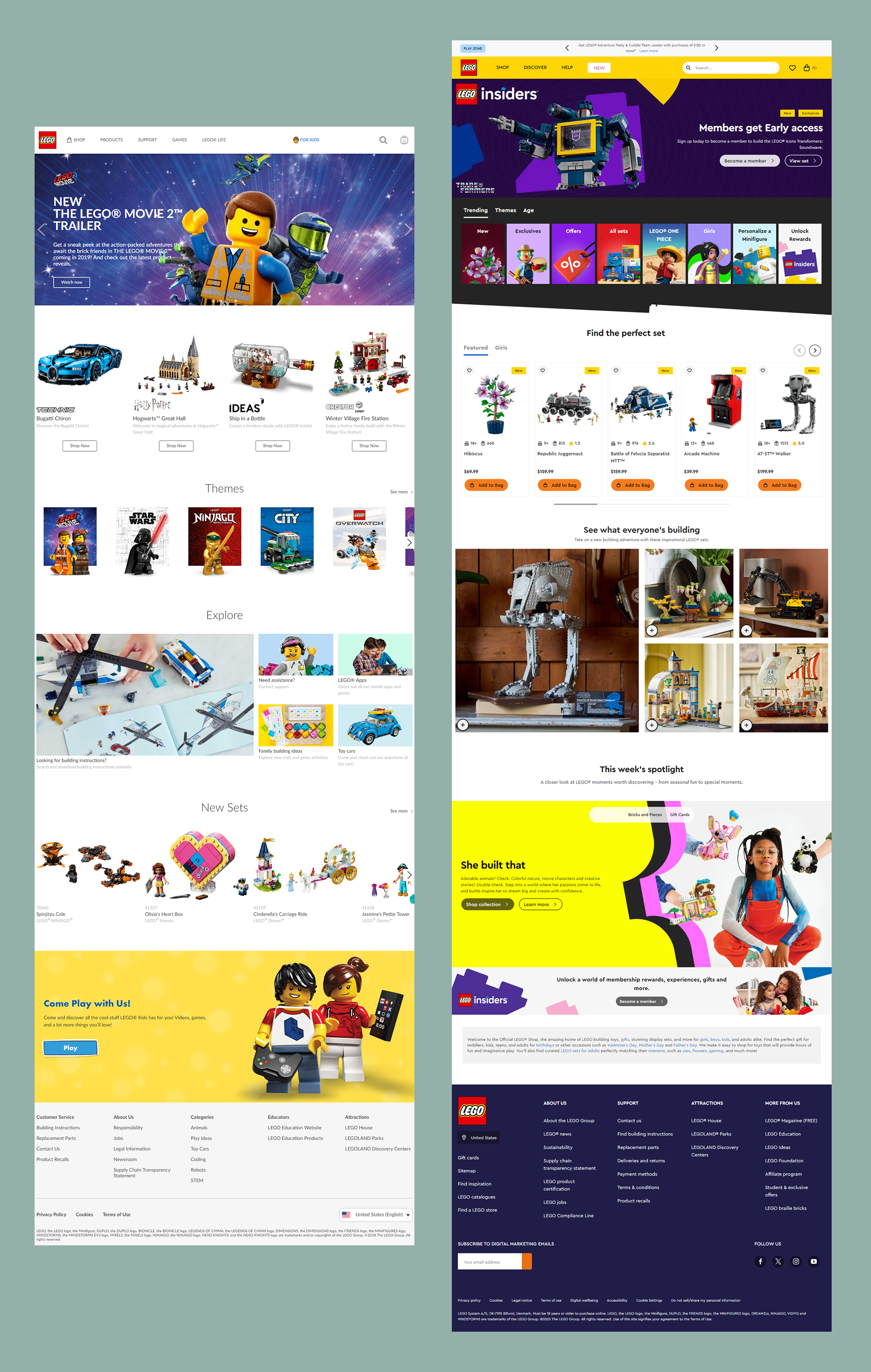LEGO website screenshots from 2019 and 2025 featuring large product images, prominent shopping categories, simplified typography, and spacious white layouts focused on e-commerce.