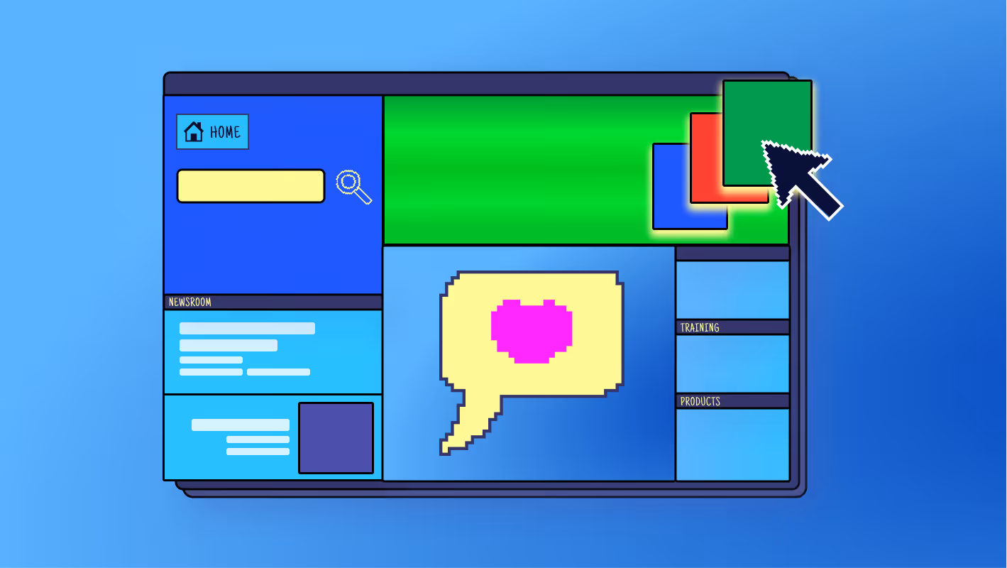 Illustration of a colorful, playful website interface with bold blue and green panels, pixel-style icons, layered pop-up windows, and a speech bubble with a pink heart. A large cursor hovers over bright overlapping buttons, symbolizing expressive, human-centered, and delightful web design.