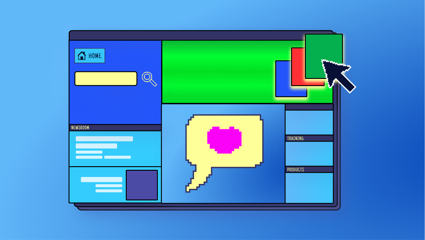 Illustration of a colorful, playful website interface with bold blue and green panels, pixel-style icons, layered pop-up windows, and a speech bubble with a pink heart. A large cursor hovers over bright overlapping buttons, symbolizing expressive, human-centered, and delightful web design.