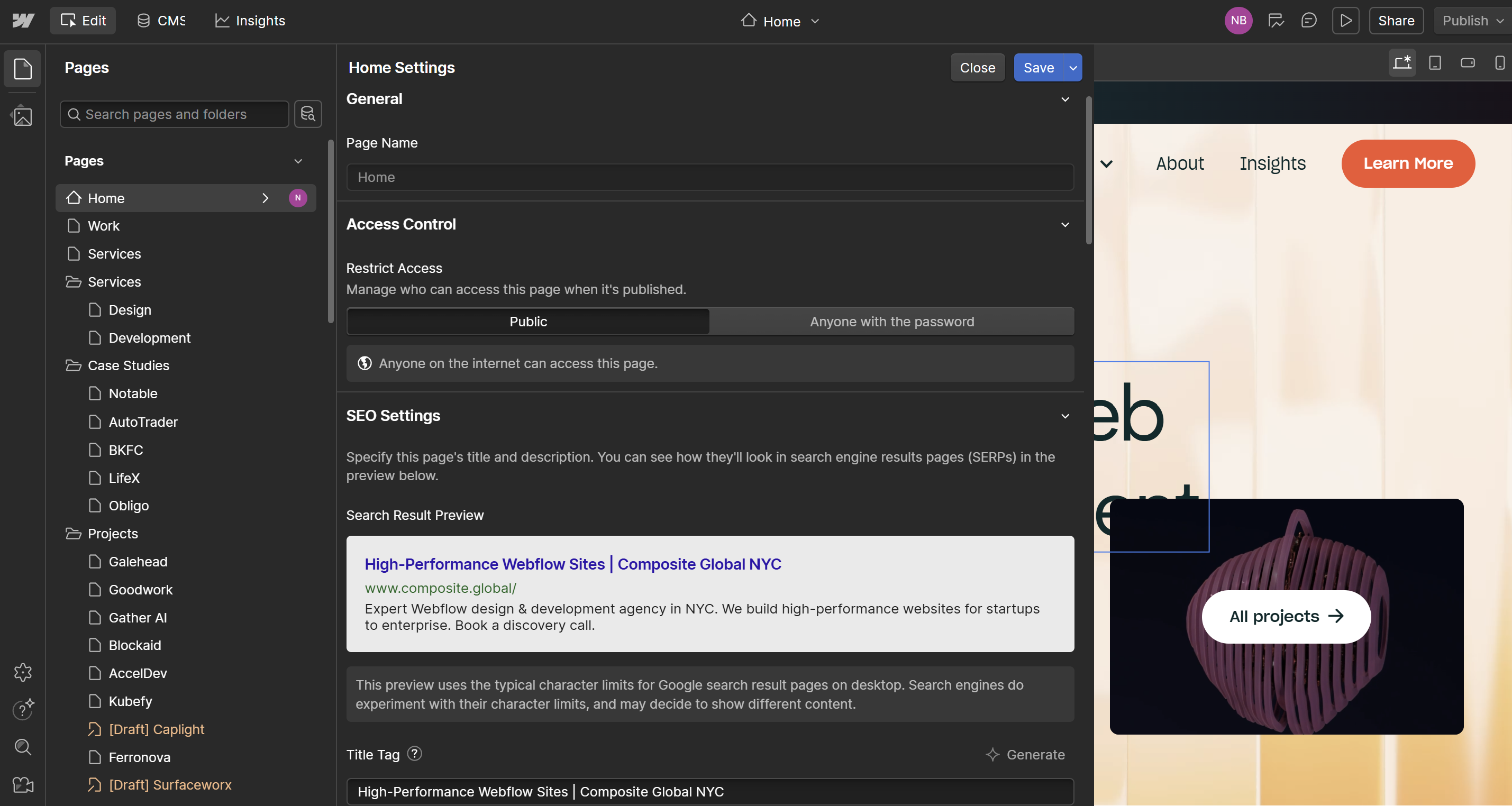 Webflow page settings editor inside the Designer, showing SEO controls, page configuration options, and editable site structure within a modular website system.