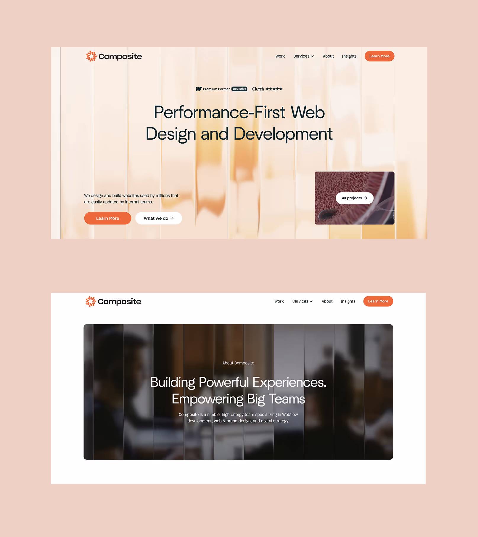 Screenshots of Composite’s homepage and about page illustrating how each communicates brand positioning and context.