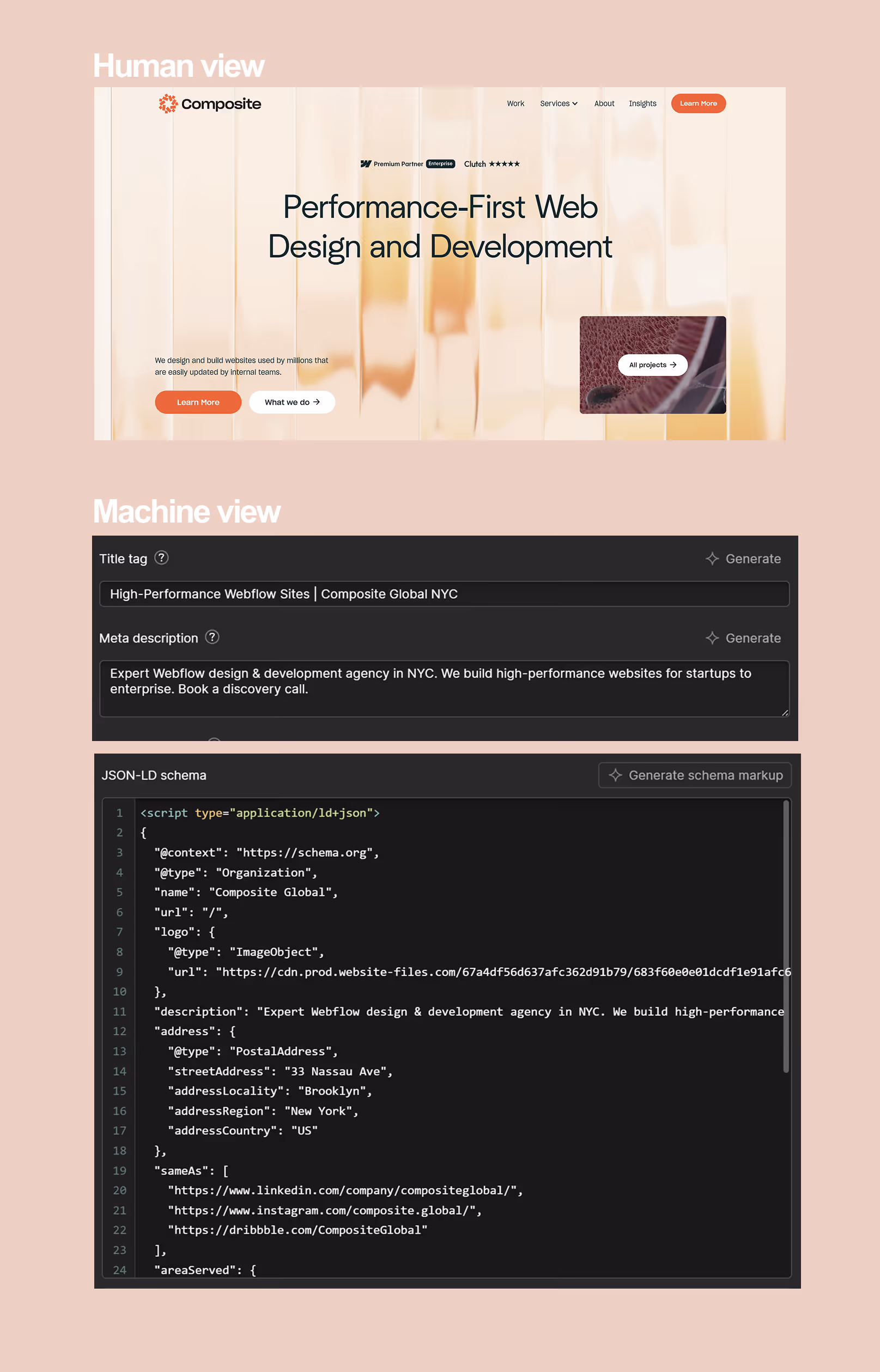 Comparison showing how humans and machines interpret a website differently: a visual homepage layout for human users contrasted with a machine view displaying title tags, meta descriptions, and structured JSON-LD schema markup.