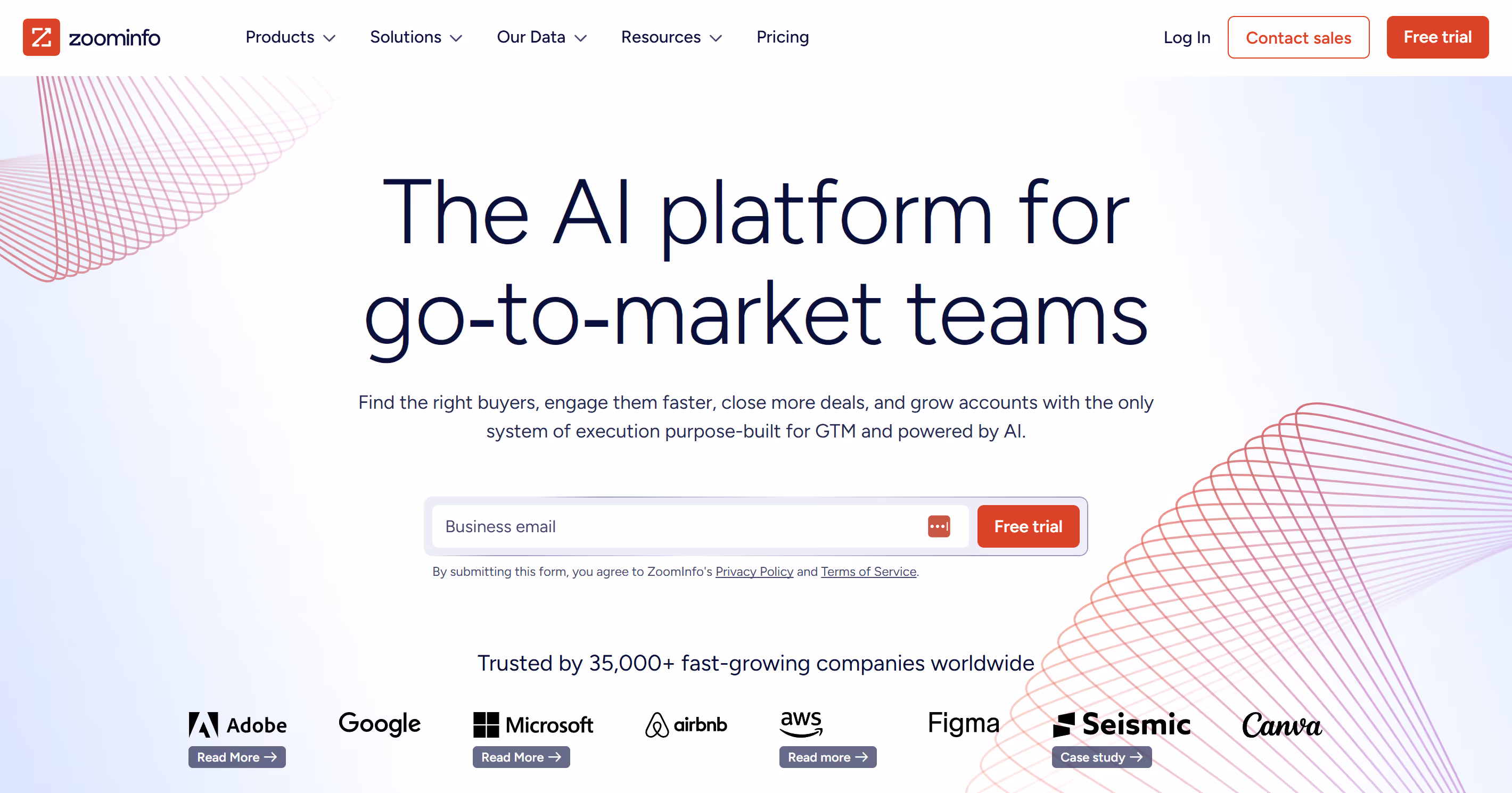 Screenshot of the ZoomInfo homepage, used in a guide helping users integrate ZoomInfo with Webflow.
