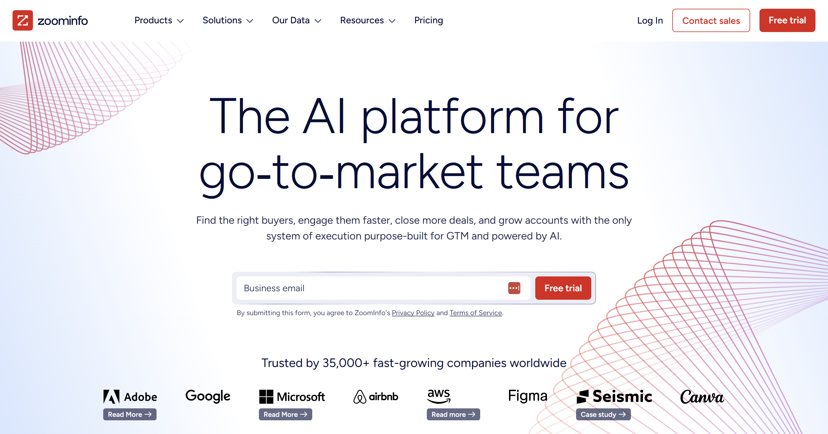 Screenshot of the ZoomInfo homepage, used in a guide helping users integrate ZoomInfo with Webflow.